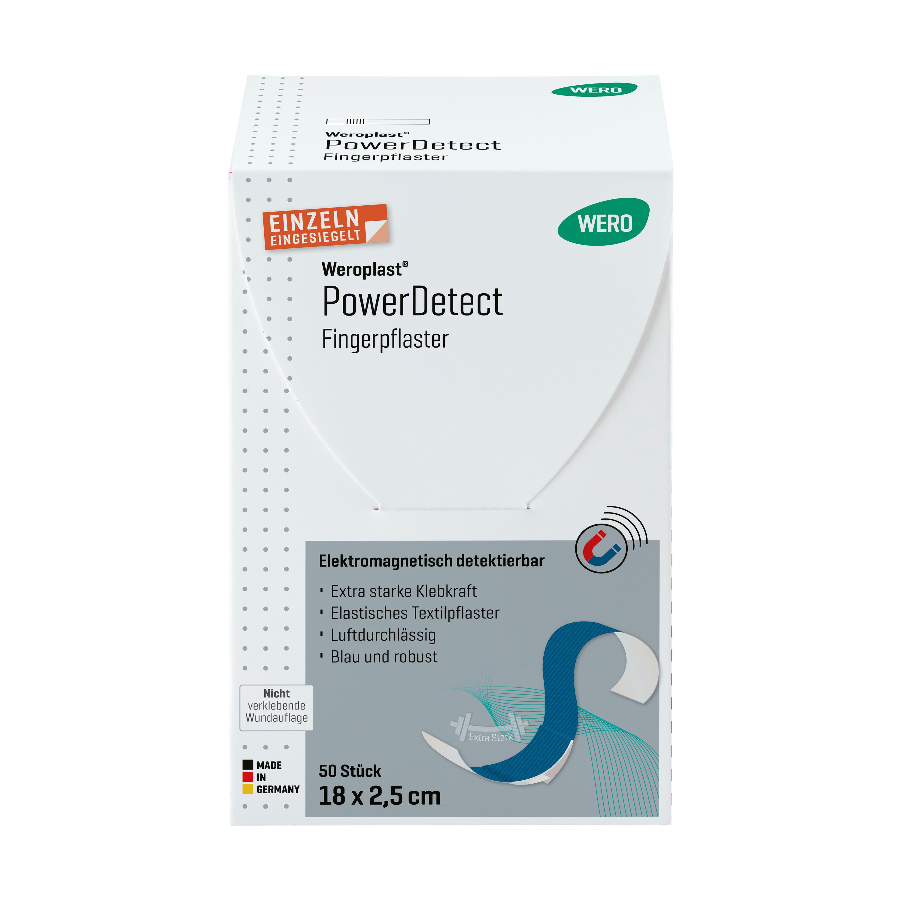 Weiße Schachtel Weroplast® PowerDetect Fingerpflaster mit blauer Detektierbarkeit, Aluminiumstreifen und längs- sowie querelastischem Textilgewebe.