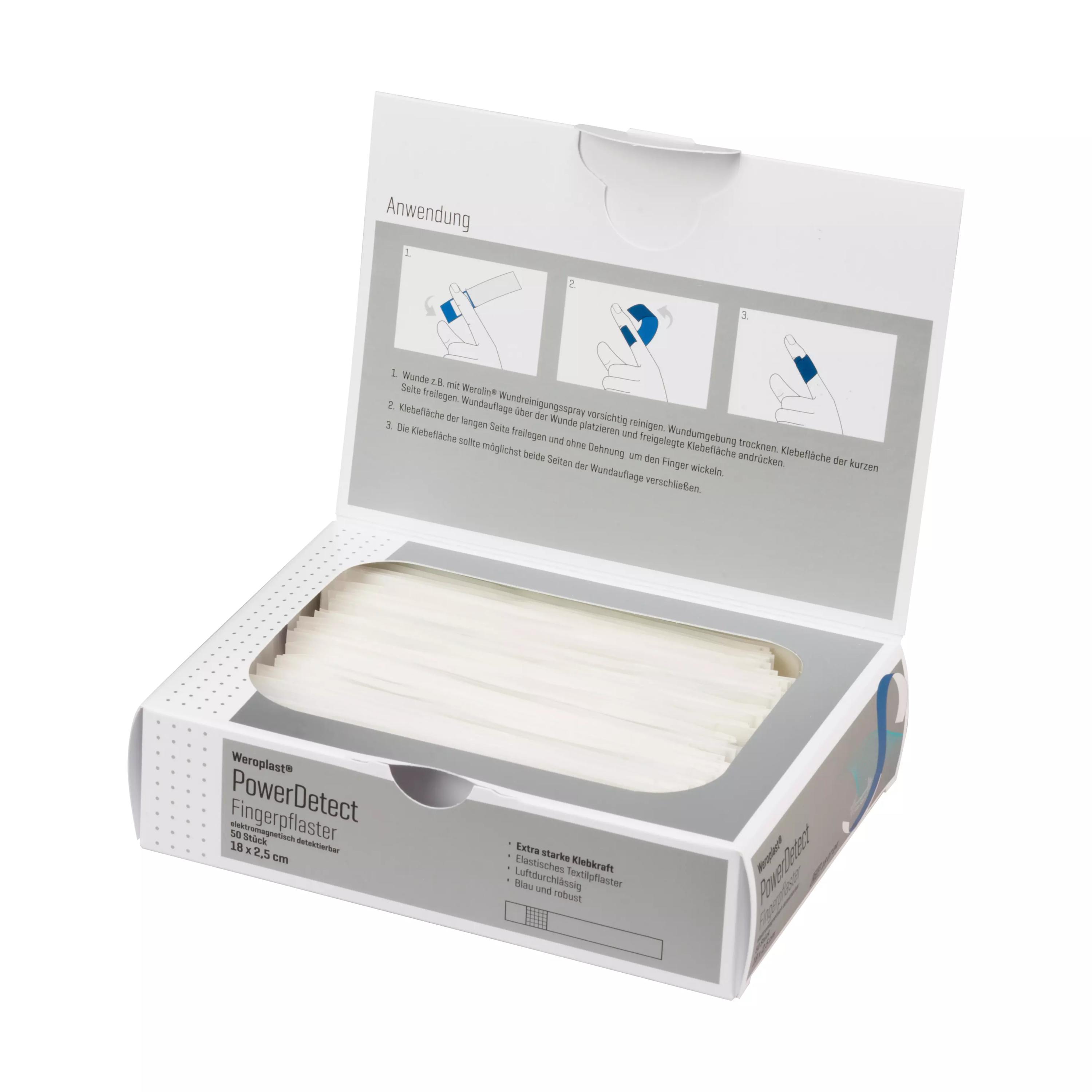Weiße Schachtel Weroplast® PowerDetect Fingerpflaster mit blauer Detektierbarkeit, Aluminiumstreifen und längs- sowie querelastischem Textilgewebe.