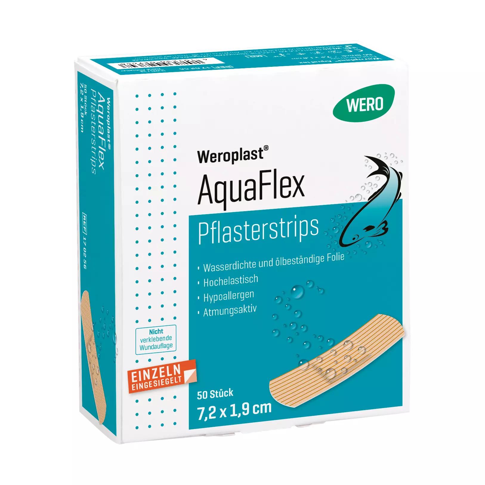 Eine Packung Pflasterstrips Weroplast® AquaFlex, 1,9 x 7,2 cm, wasserdicht, superelastisch und flexibel, für vielseitige Wundversorgung.