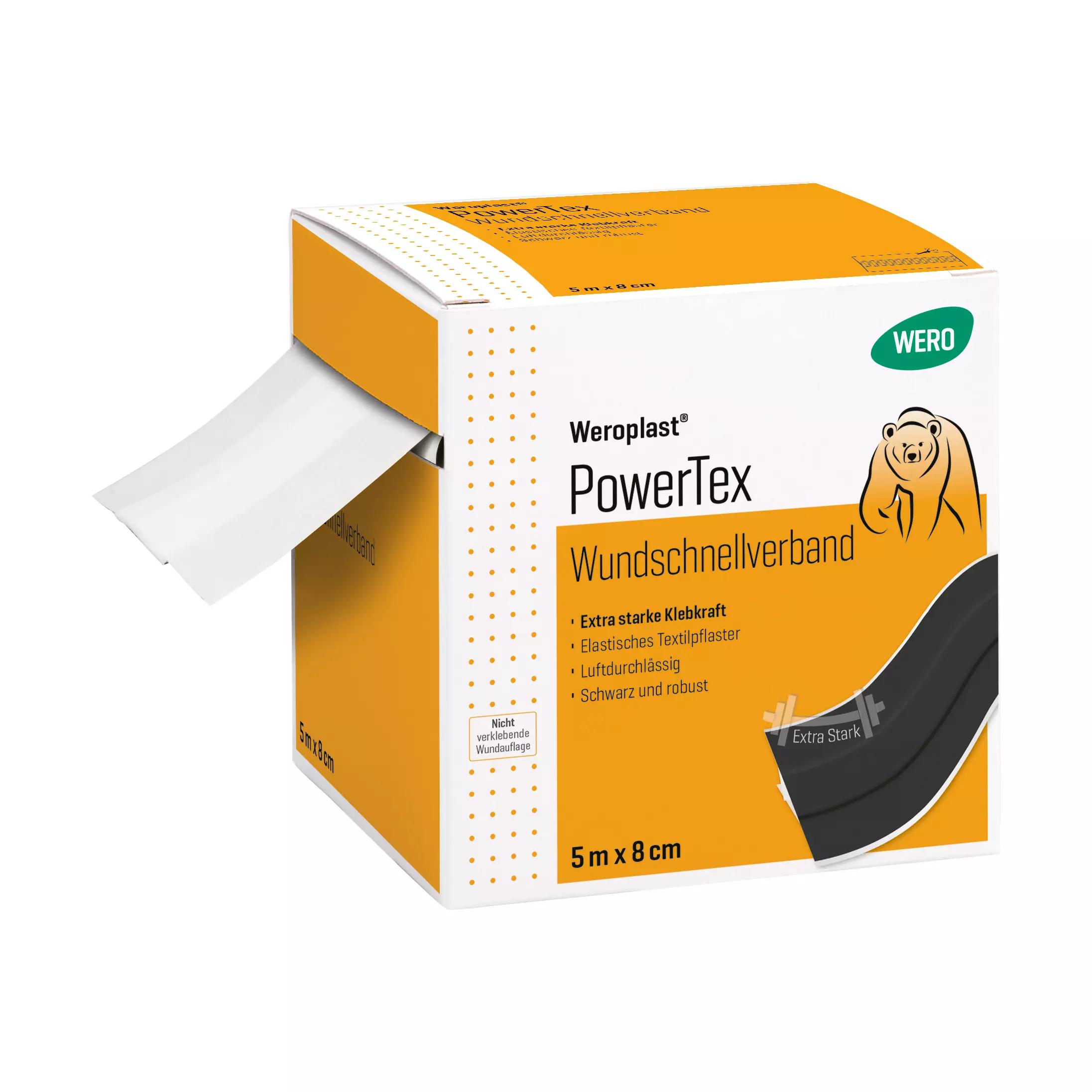 Die Verpackung des Wundschnellverband Weroplast® PowerTex - 8 cm, 5 m zeigt eine gelbe Box mit Aufreißlasche, Cartoon-Bär und deutlicher Banderolle.