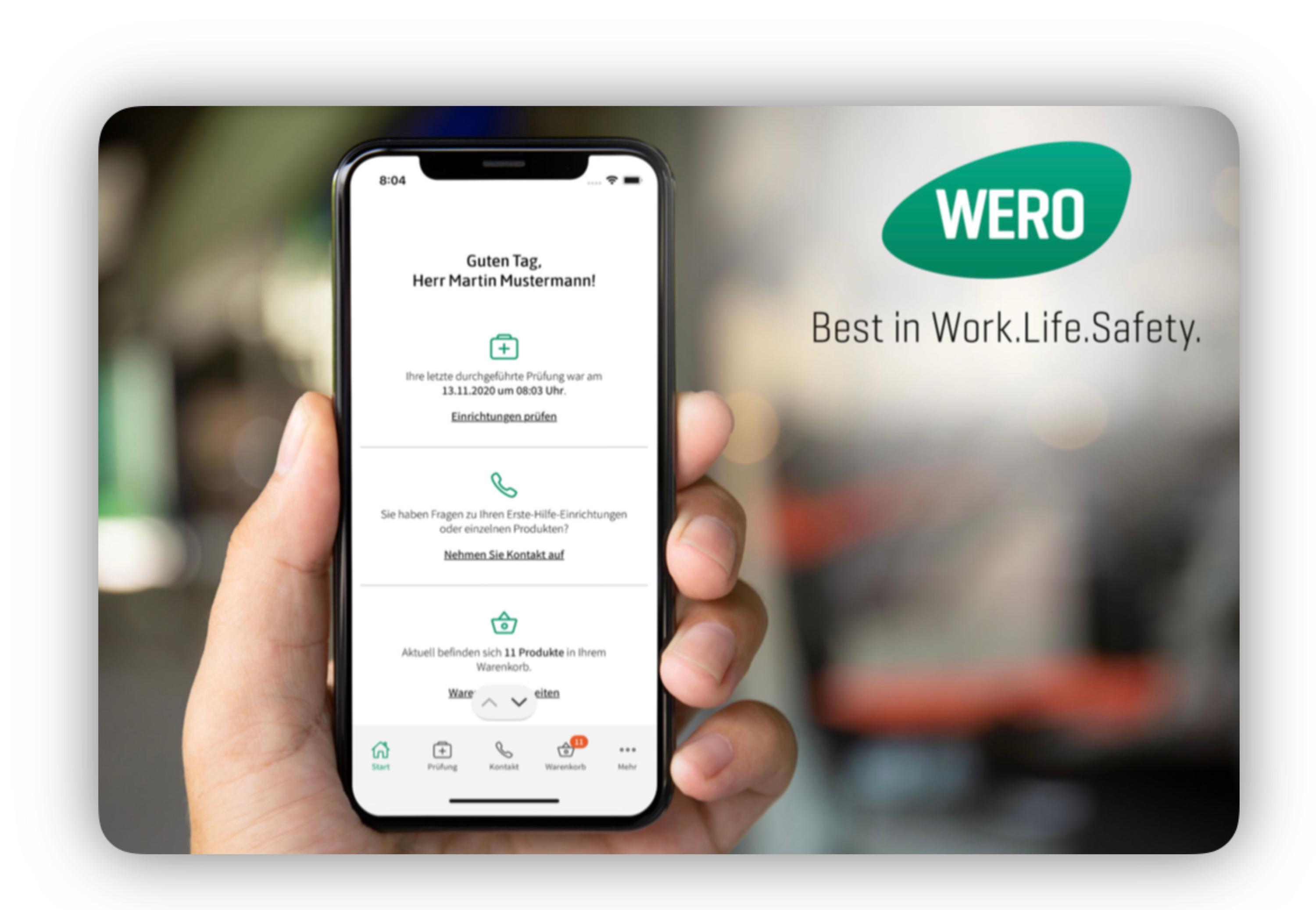 Eine Hand hält ein Smartphone mit personalisierter Begrüßung und WERO-Logo, darunter Navigationsbuttons für Shop, Kontakt und Warenübersicht.