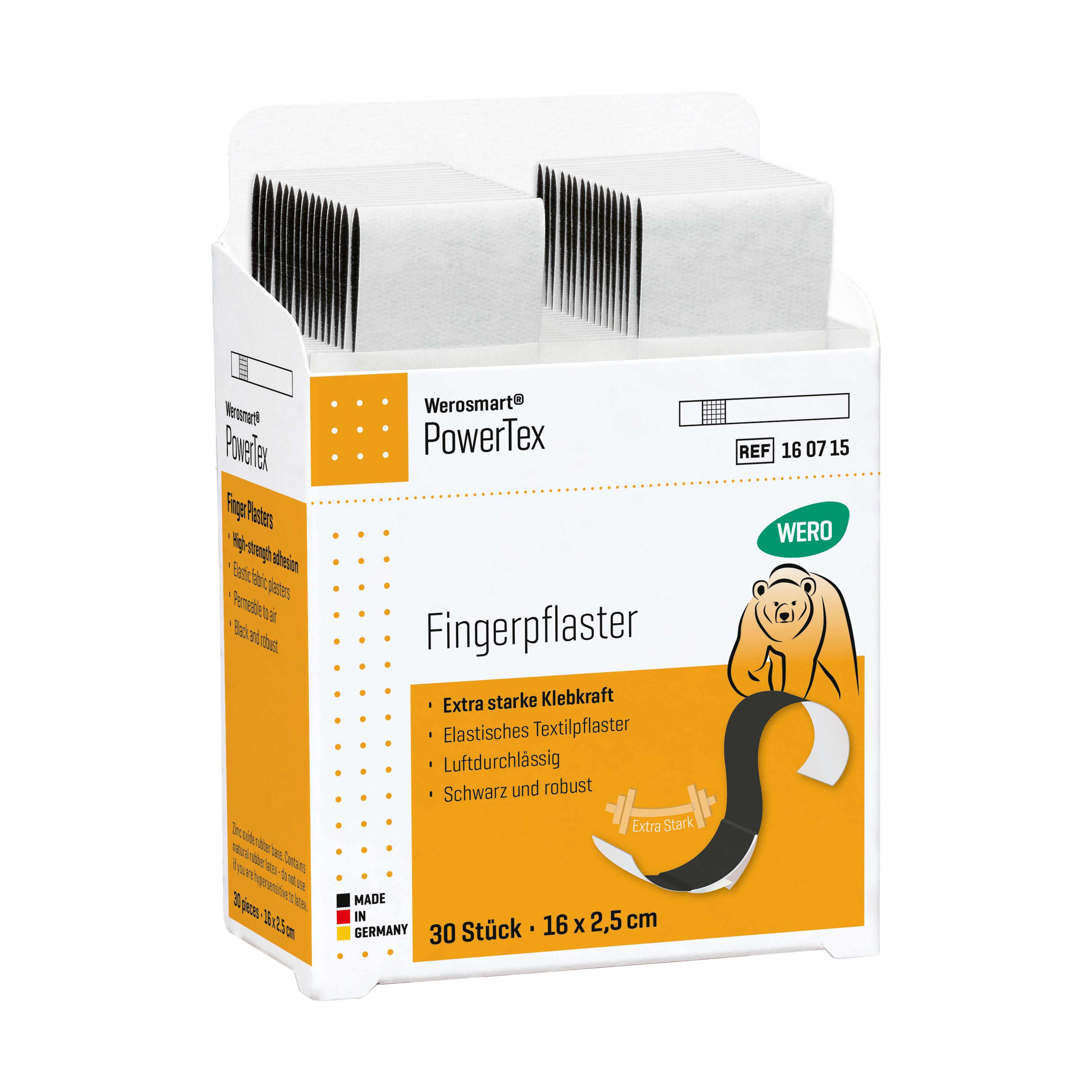 Werosmart® PowerTex Fingerpflaster - 16 cm, Einsatz in bunter Box mit Bärenmotiv, beschriftet mit extra starker Klebkraft und 30 Stück Inhalt.