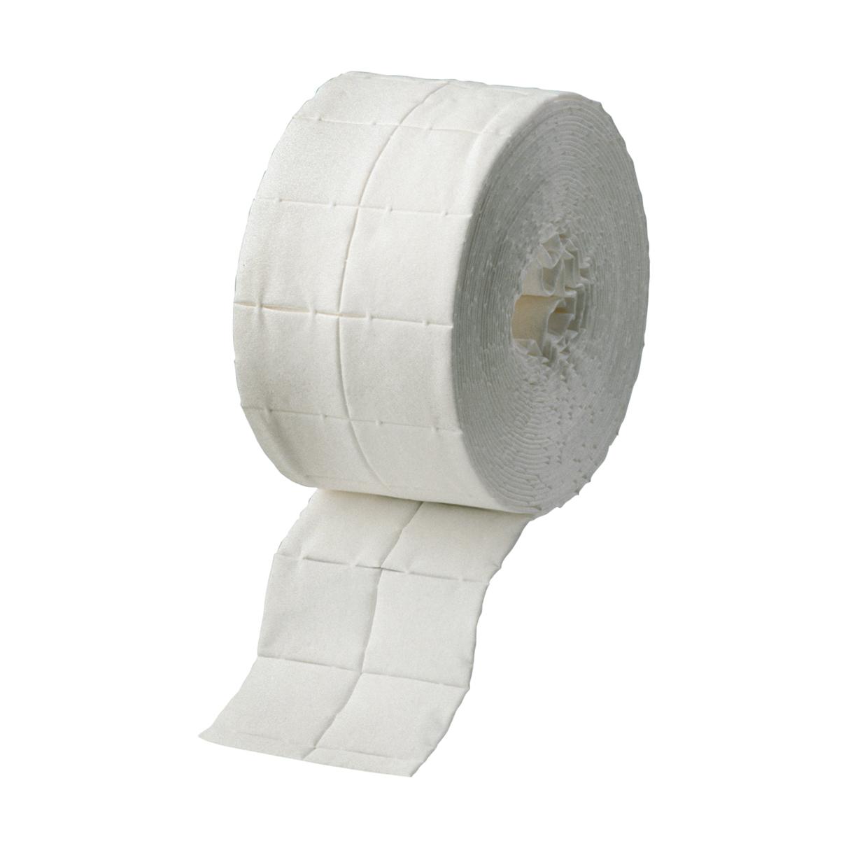 Rechteckige Rolle Zellstofftupfer für Spenderbox, teils abgerollt sichtbar, weiße Tupfer mit leicht strukturierter Oberfläche, 4 x 5 cm.