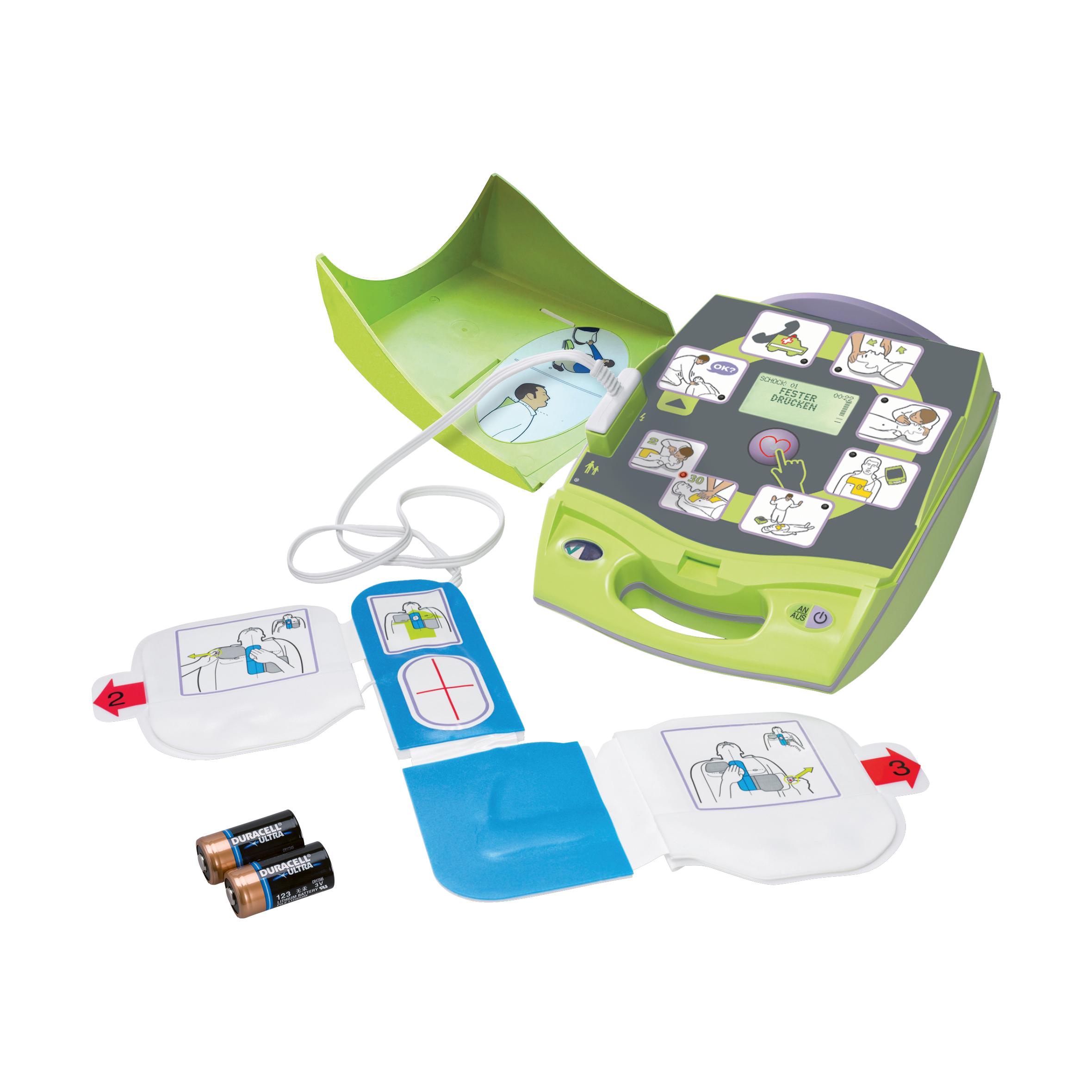 Tragbares Defibrillator-Set ZOLL® AED Plus, Halbautomat, grün mit pinkem Herzsymbol, inklusive CPR-D Elektroden, Lithium-Batterien und Anleitung.
