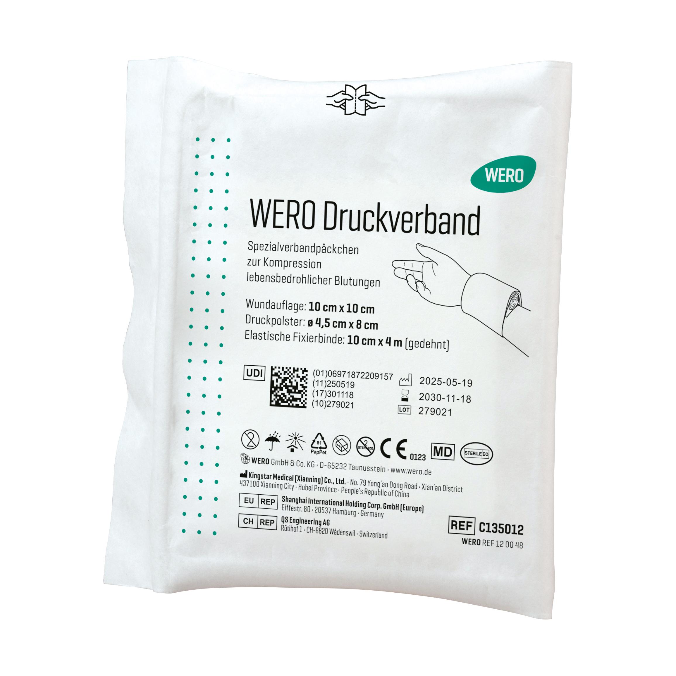 WERO Druckverband, steril in weißer Verpackung mit grünem Logo, zeigt das integrierte Druckpolster, elastische Fixierbinde und sterile Wundauflage.