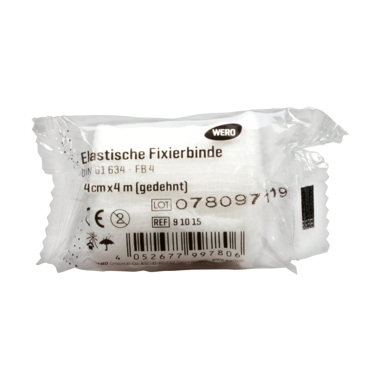 Eine sterile Mullbinde Elastische Fixierbinde DIN 61634 – 4 cm, einzeln in Folie verpackt, besteht aus dehnbarem, weichem, luftdurchlässigem Gewebe.