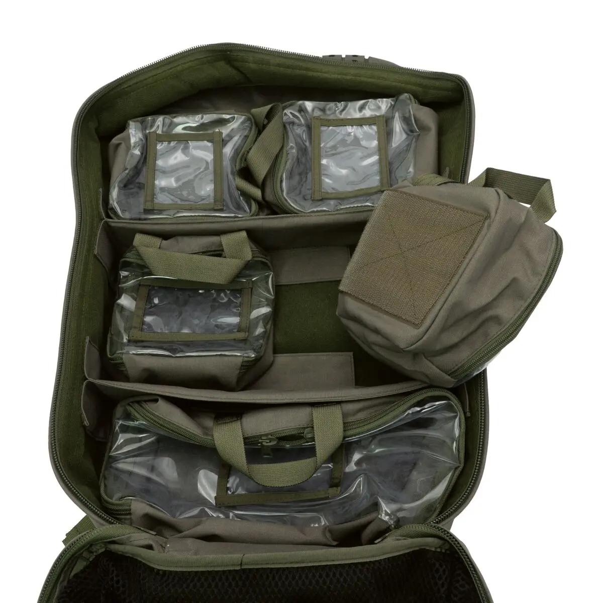 Geöffneter PARAMEDYK® Notfallrucksack - Oliv mit übersichtlichen Fächern, IRR-beschichtetes CORDURA-Material, YKK-Reißverschlüssen und ITW NEXUS-Schnallen.