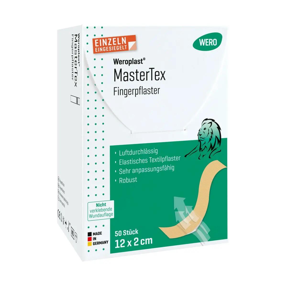 Die Verpackung des Fingerpflaster Weroplast® MasterTex zeigt ein grünes Etikett, einen Fingerverband aus textilem Gewebe und weist auf hohe Anpassungsfähigkeit hin.