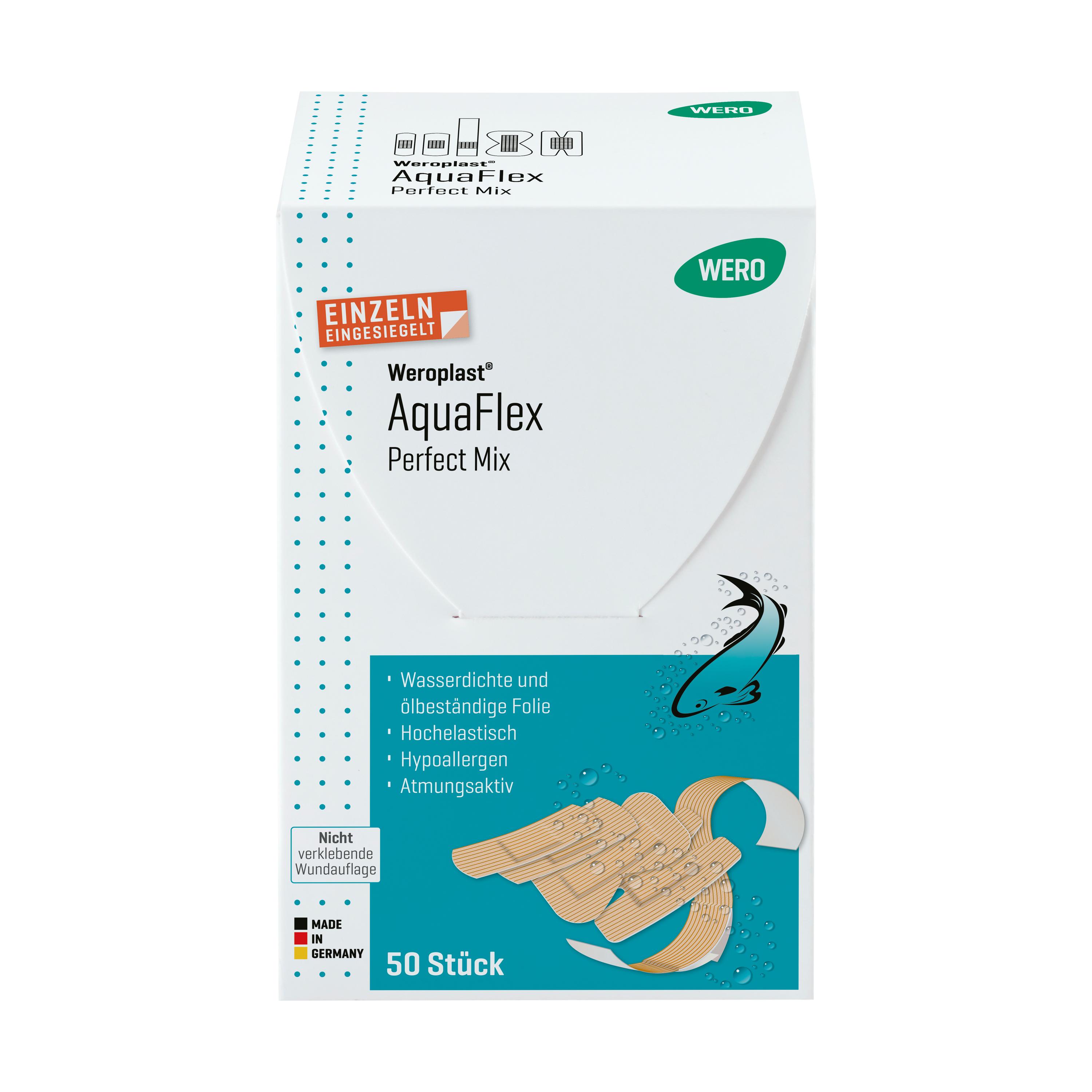 Weiße Schachtel mit blauem Etikett „Weroplast AquaFlex Perfect Mix“, 50 einzeln versiegelte Pflaster, wasserdicht und hypoallergen