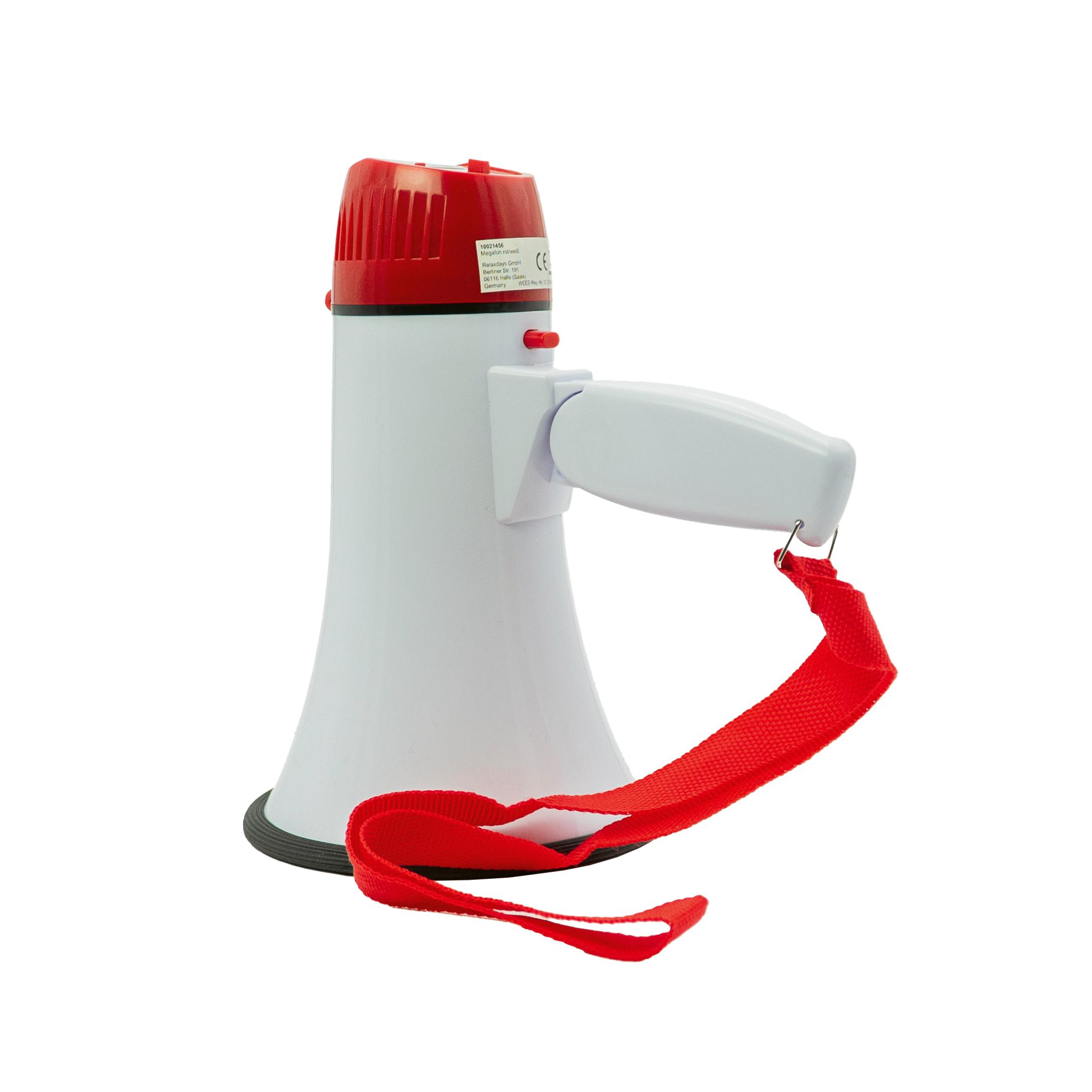 Weißes Megafon mit ergonomischem Griff, rotem Haltegurt und Sirenenschalter, geeignet für klare Ansagen auf bis zu 200 Metern Reichweite.