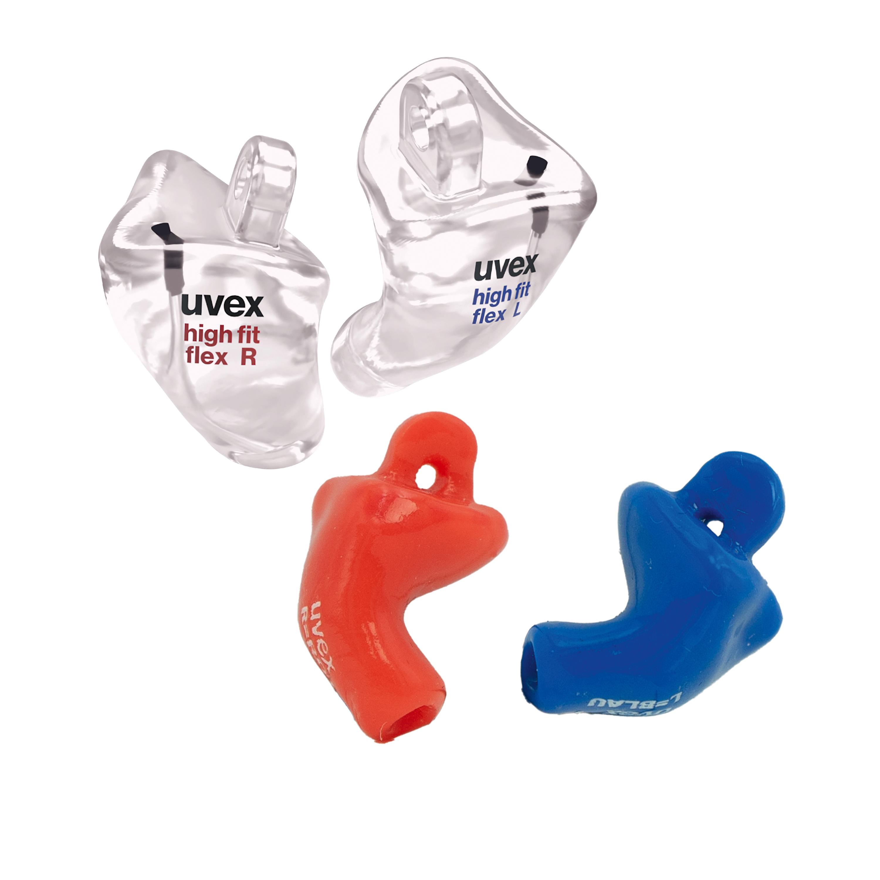 Vier uvex high-fit flex Otoplastik in Rot, nicht detektierbar, 30–34 dB, aus softem Silikon mit präziser Passform und markantem Griffstück nebeneinander angeordnet.