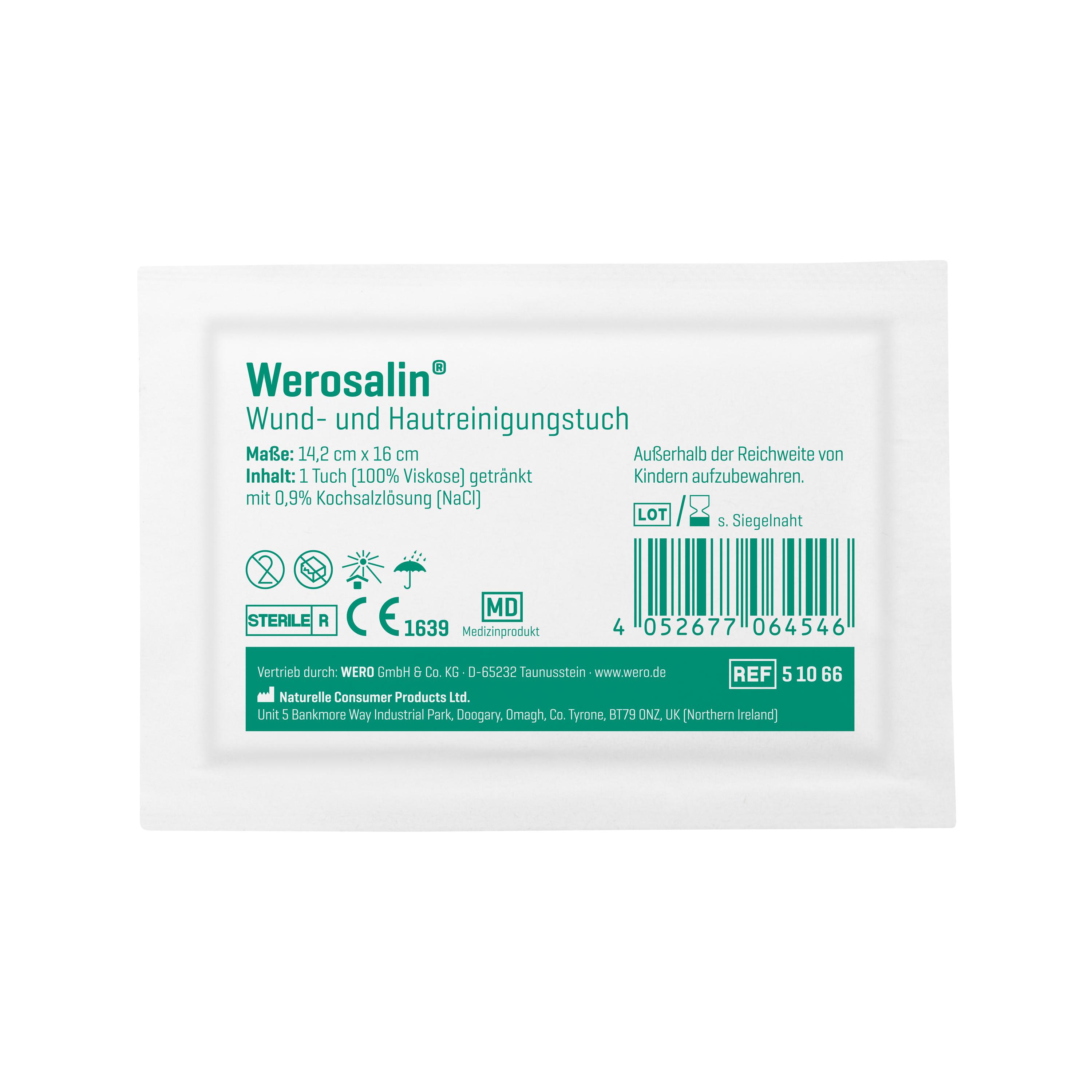 Die Verpackung von Werosalin® Wund- und Hautreinigungstuch - 30 Stk mit grünem Etikett, 100 % Viskose, zur sanften Wund- und Hautreinigung.