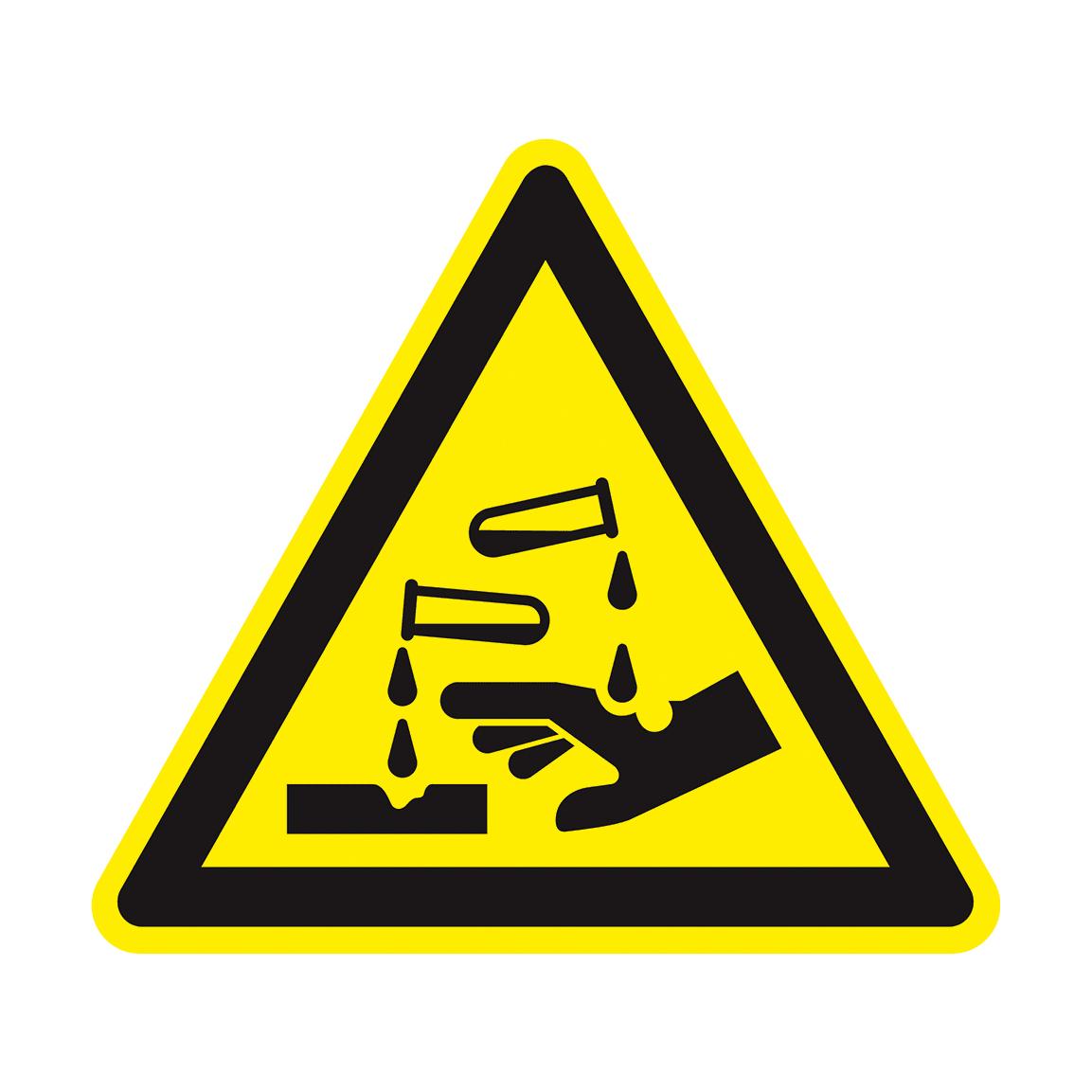 Gelbes Dreiecksschild Warnzeichen: Warnung vor ätzenden Stoffen mit schwarzer Hand und Testrohren, schwarze Umrandung auf weißem Hintergrund.