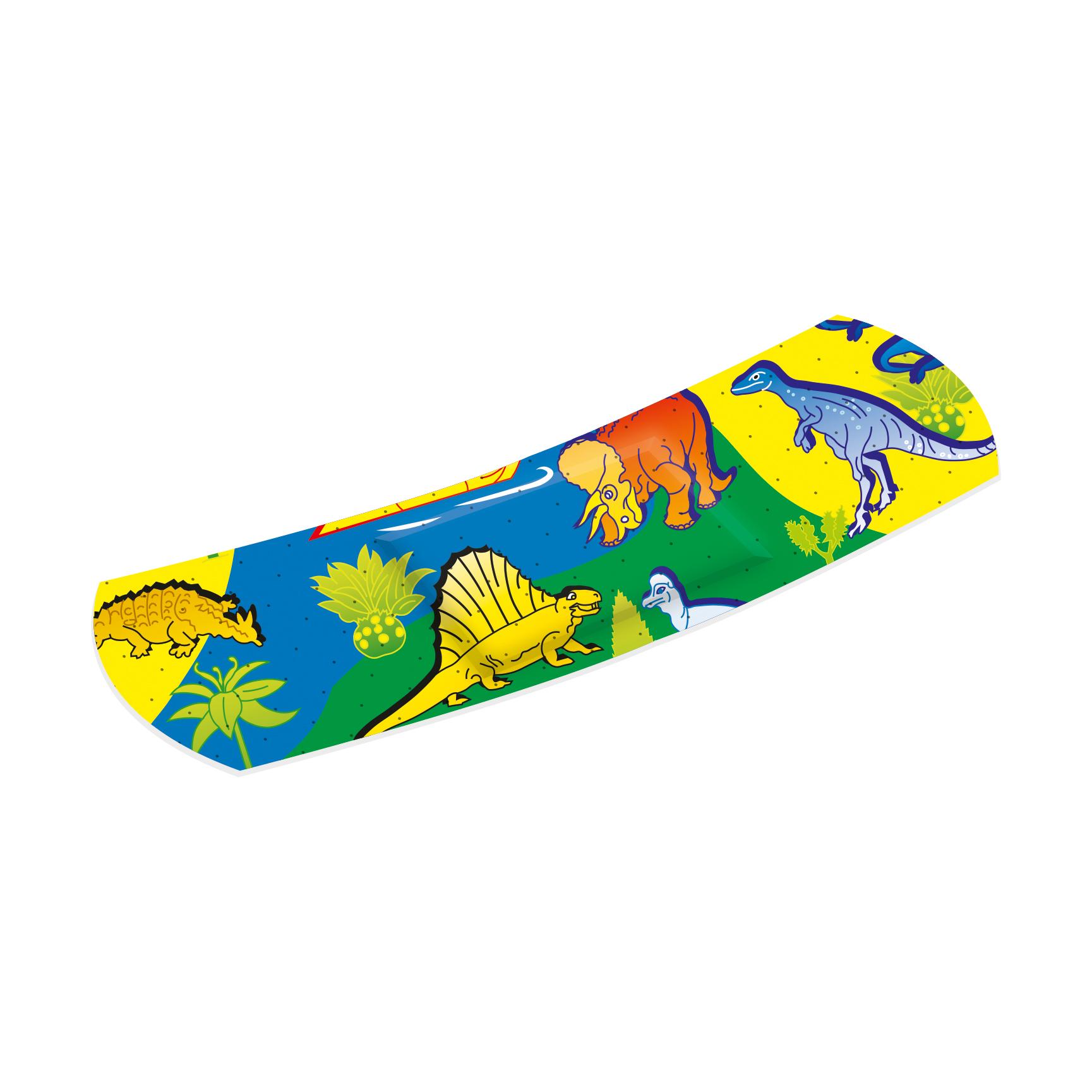 Weroplast® KunterBunt Pflasterstrips Mix für Kinder mit buntem Dinosauriermotiv und abgerundeter Form, ideal für verschiedene Pflastergrößen.
