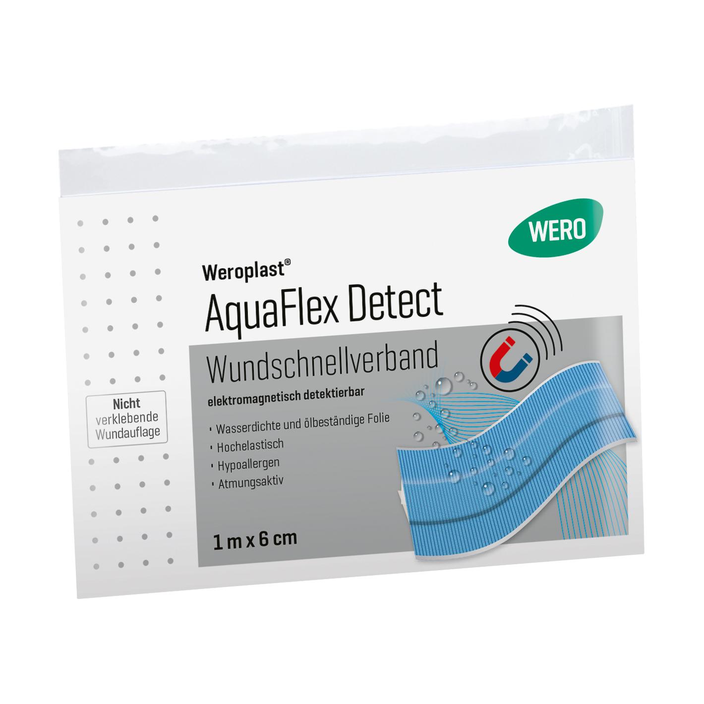 Eine weiße Box mit Aufdruck Weroplast® AquaFlex Detect Wundschnellverband zeigt ein blaues, wasserdichtes, elektromagnetisch detektierbares Pflaster.