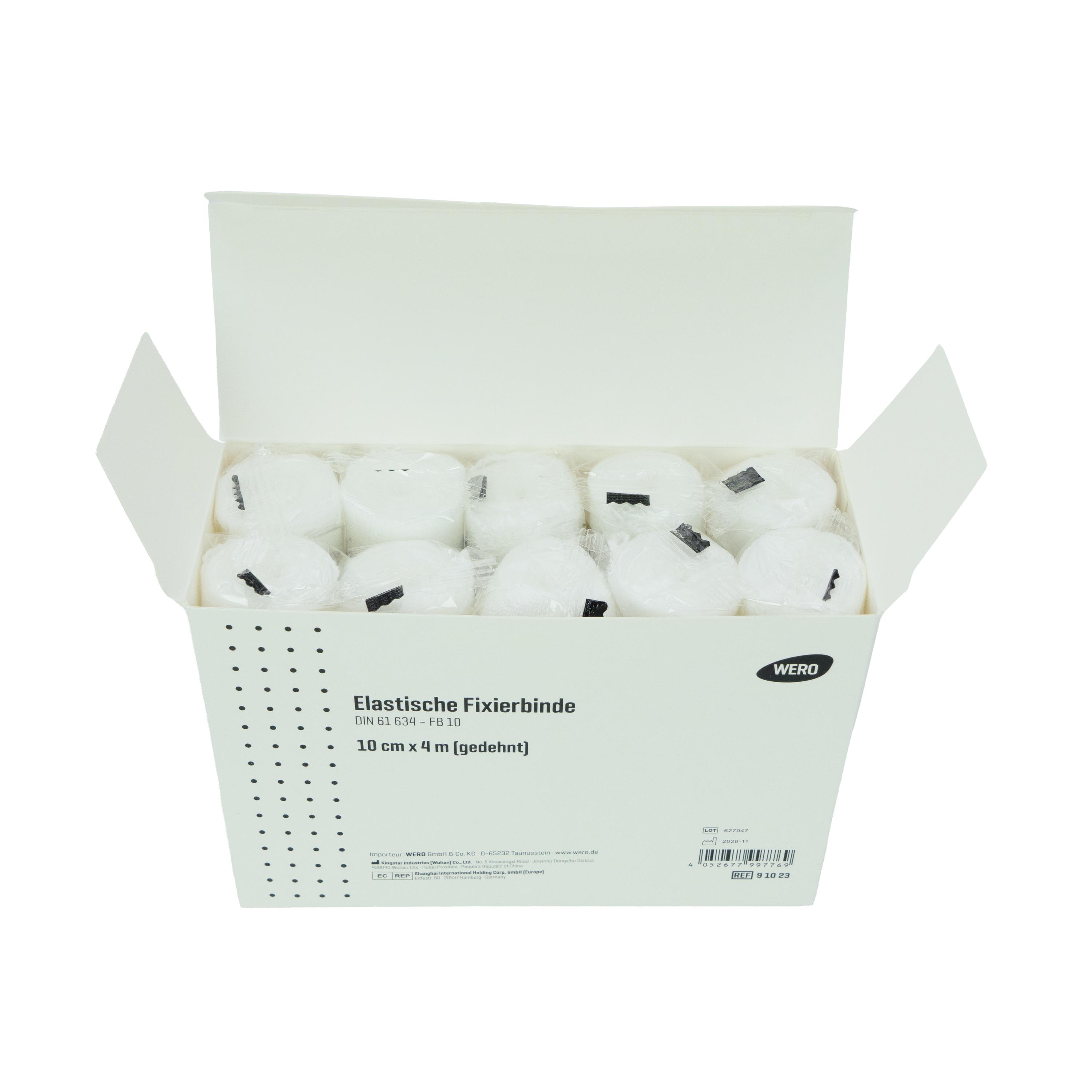 Eine aufrecht stehende Schachtel Elastische Fixierbinde DIN 61634 - 10 cm, 10 Stk zeigt einzeln verpackte, dehnbare, weiche Mullbinden in Reihen angeordnet.