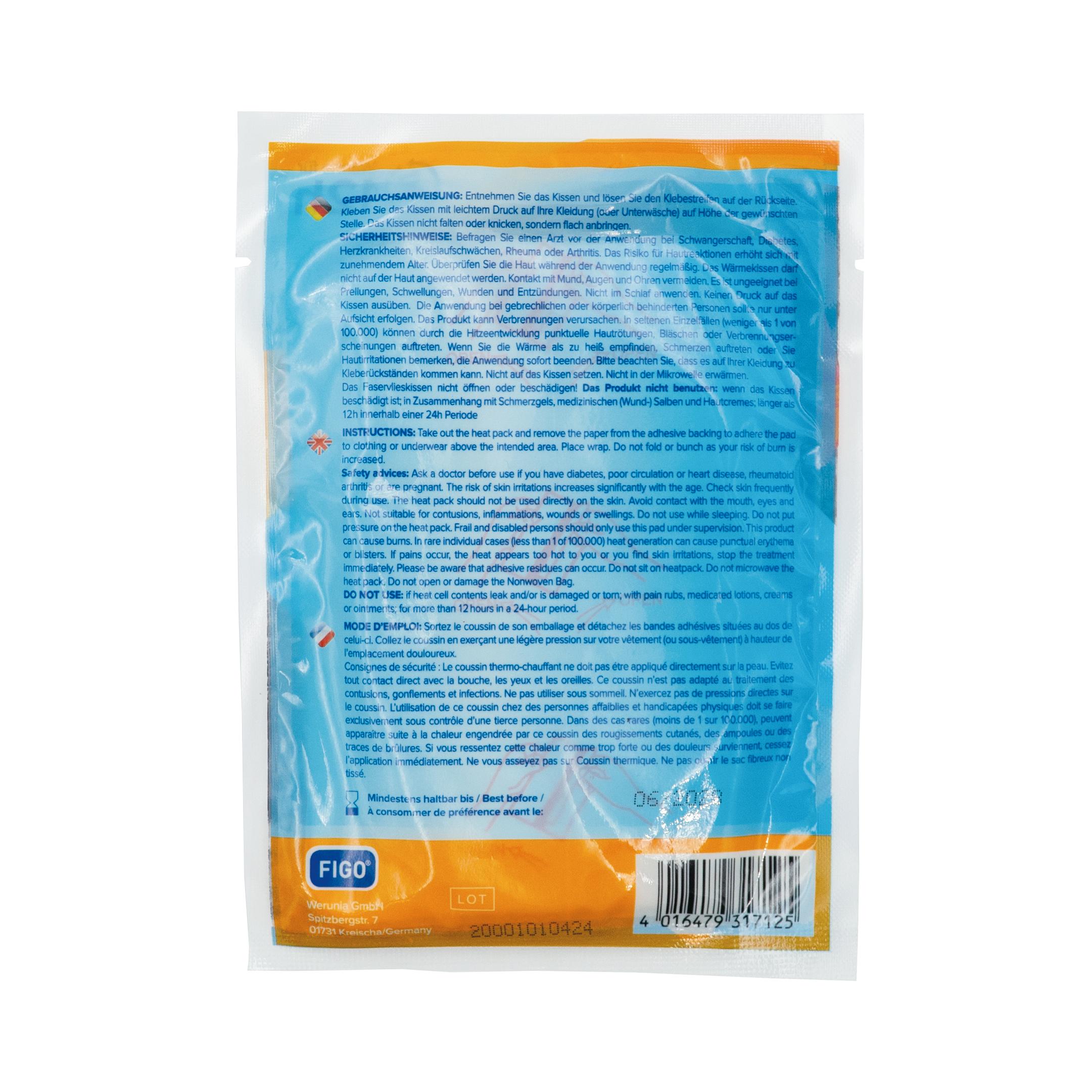 Die Rückseite einer FIGO® Wärmekissen - Standard Verpackung mit mehrsprachigen Anwendungshinweisen, Barcode sowie Angaben zu Sicherheit und Dosierung.