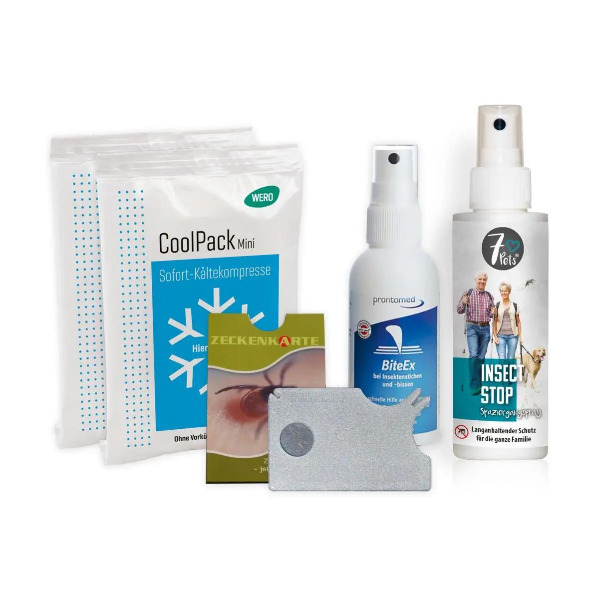 Das WERO Insektenschutz Kit enthält zwei CoolPack Mini Kältekompressen, eine Zeckenkarte mit Lupe und mehrere Mückenschutz- sowie Insektenstichsprays.