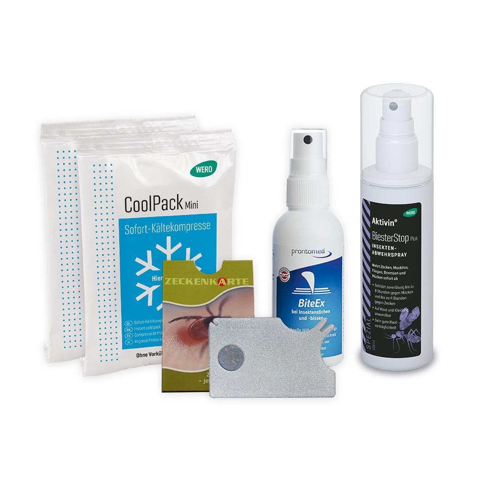 Das WERO Insektenschutz Kit enthält zwei CoolPack Mini Kältekompressen, eine Zeckenkarte mit Lupe und mehrere Mückenschutz- sowie Insektenstichsprays.