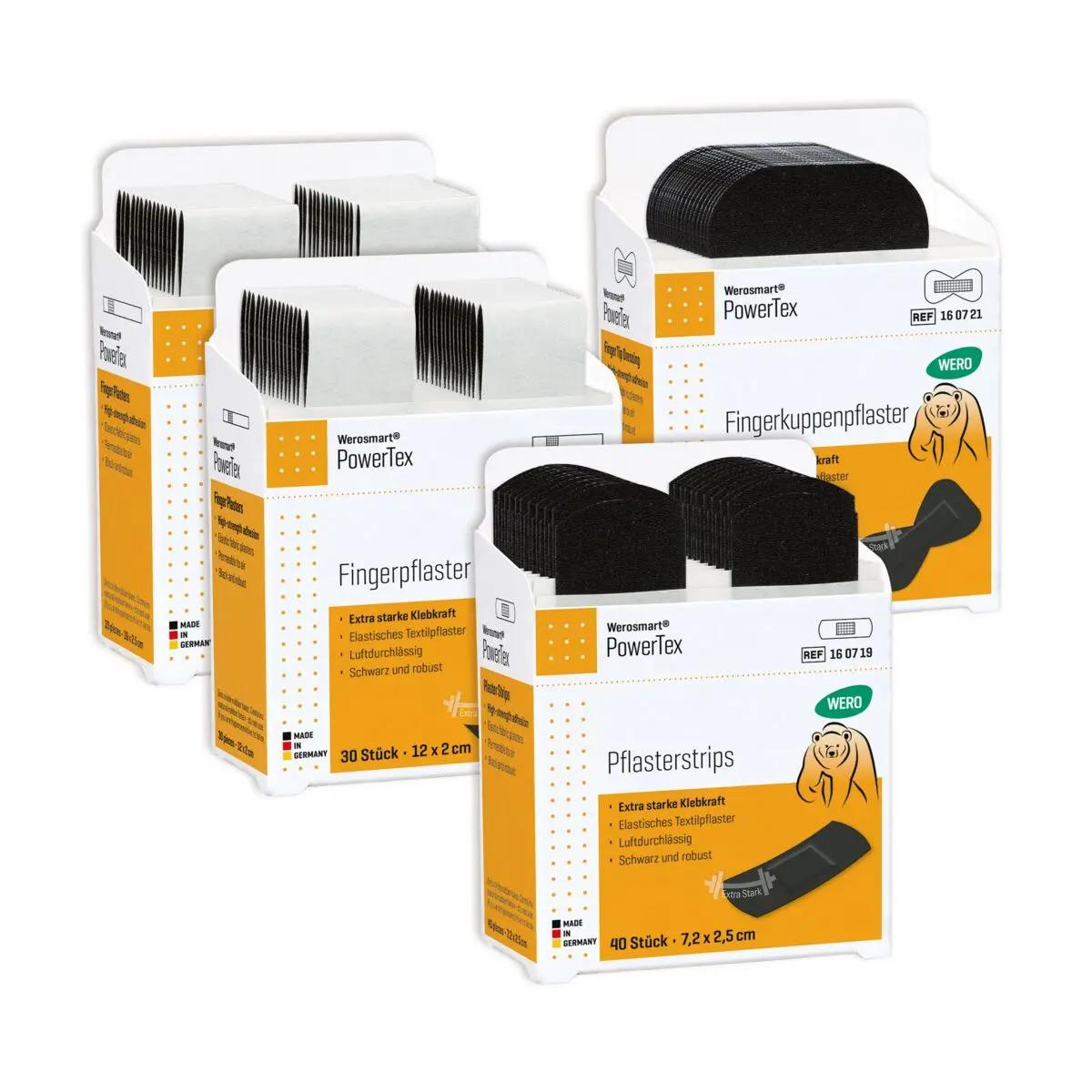 Vier unterschiedlich große Boxen Werosmart® PowerTex Pflasterspender-Einsätze Fingerpflaster mit sichtbaren Farben und Piktogrammen nebeneinander angeordnet.