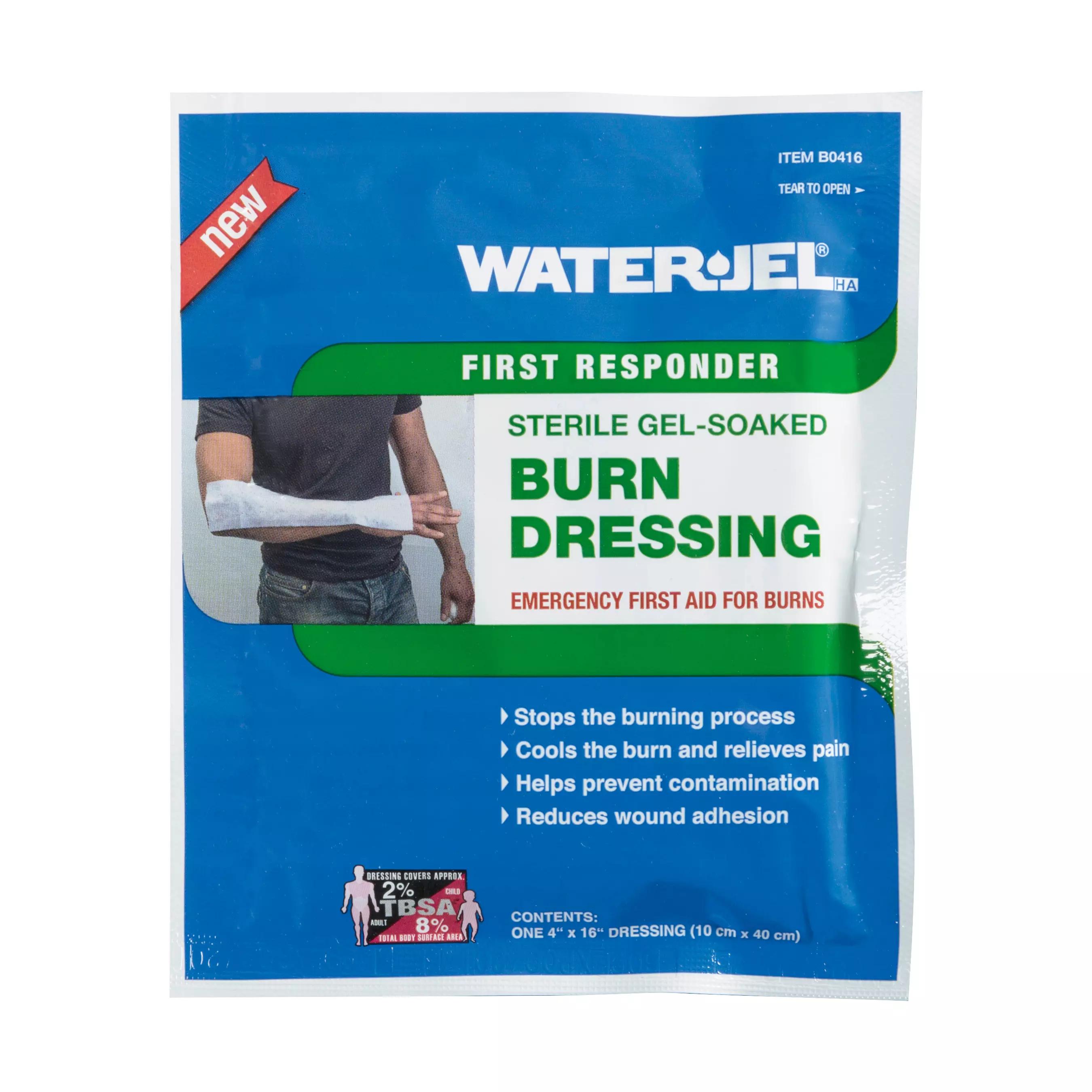 Steril verpackte WATER-JEL® HA First Responder Kompressen mit transparentem Gel, sofort gebrauchsfertig und unterbrechen Hitzeeinwirkung bei Verbrennungen.