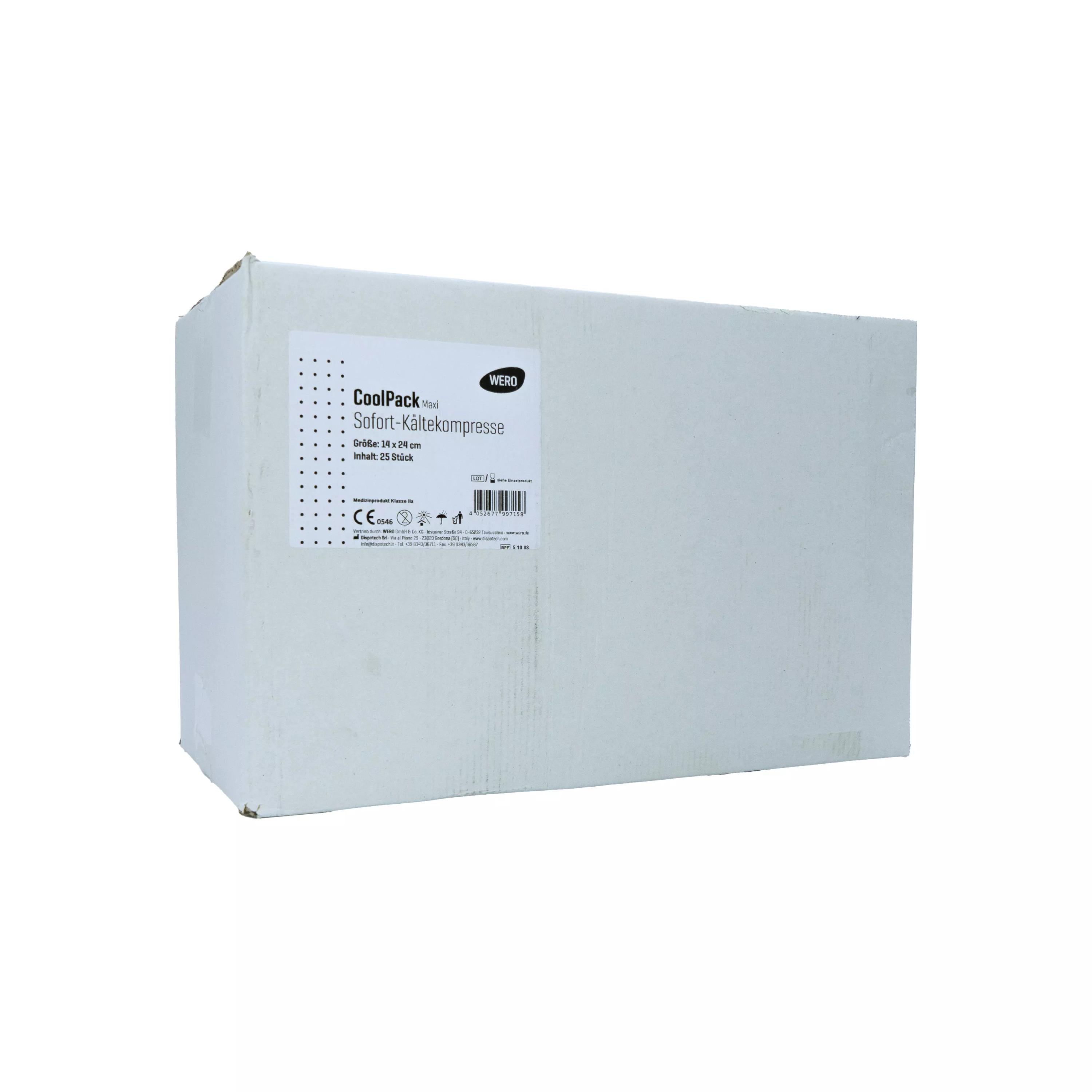 Ein weißer Karton mit Etikett der WERO CoolPack Sofort-Kältekompresse - Maxi, sofort einsatzbereit ohne Vorkühlung und vielseitig verwendbar.