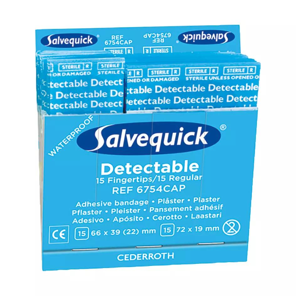 Eine Aufstellbox enthält mehrere blau-weiße Salvequick® Pflasterstrips/Fingerkuppenpflaster, detektierbar, wasserabweisend und einzeln eingesiegelt.