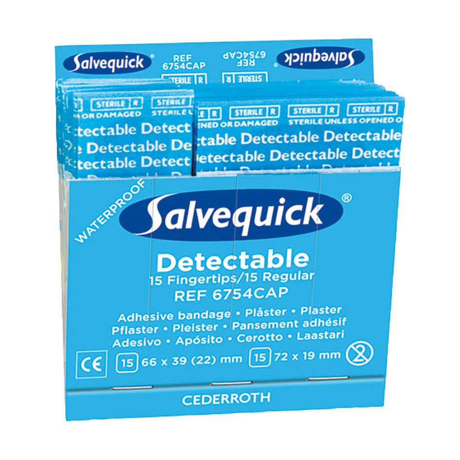 Eine Aufstellbox enthält mehrere blau-weiße Salvequick® Pflasterstrips/Fingerkuppenpflaster, detektierbar, wasserabweisend und einzeln eingesiegelt.