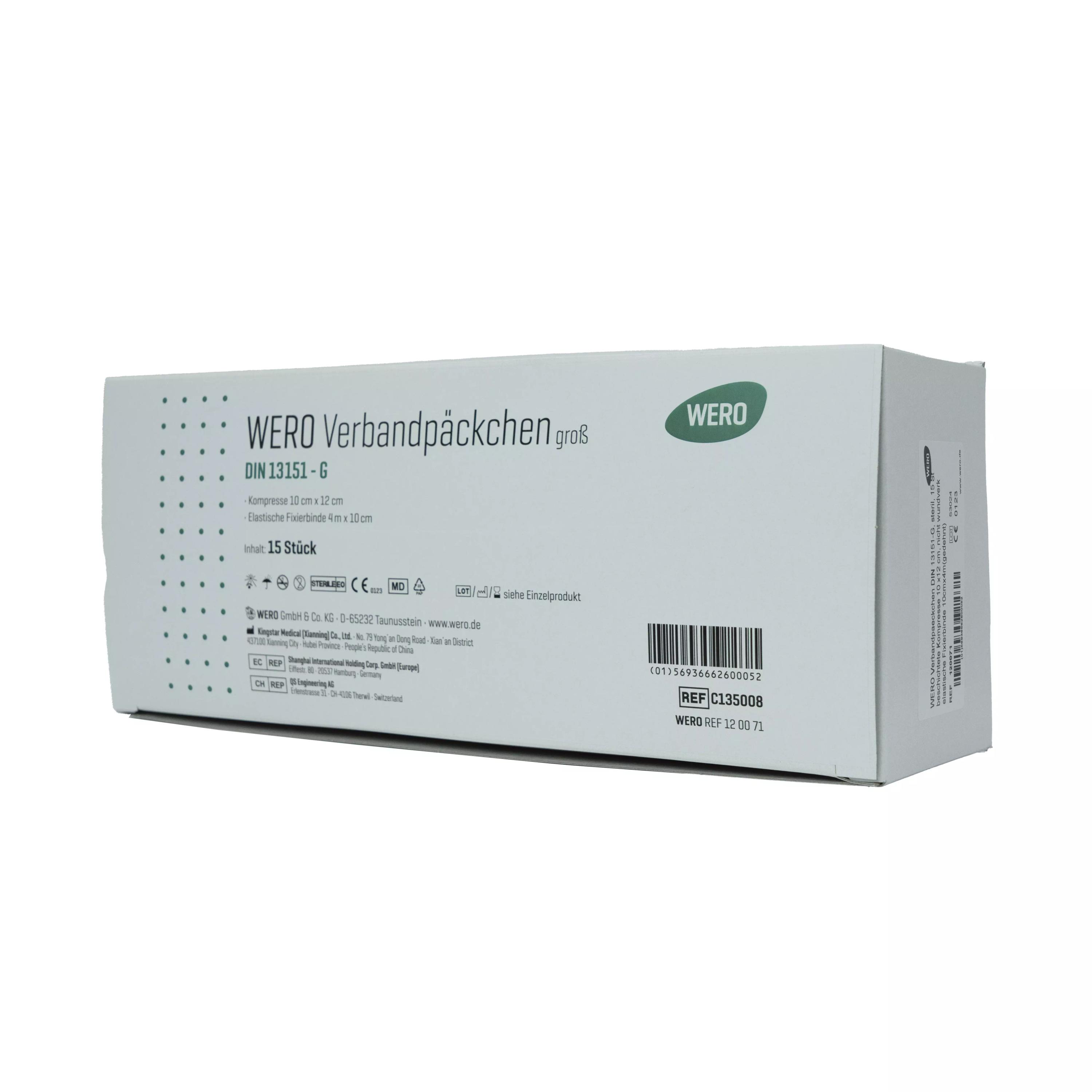 Schachtel WERO Verbandpäckchen DIN 13151 G, steril, mit Spezialbeschichtung, verklebt nicht mit der Wunde und ist aluminiumfrei, 15 Stück.