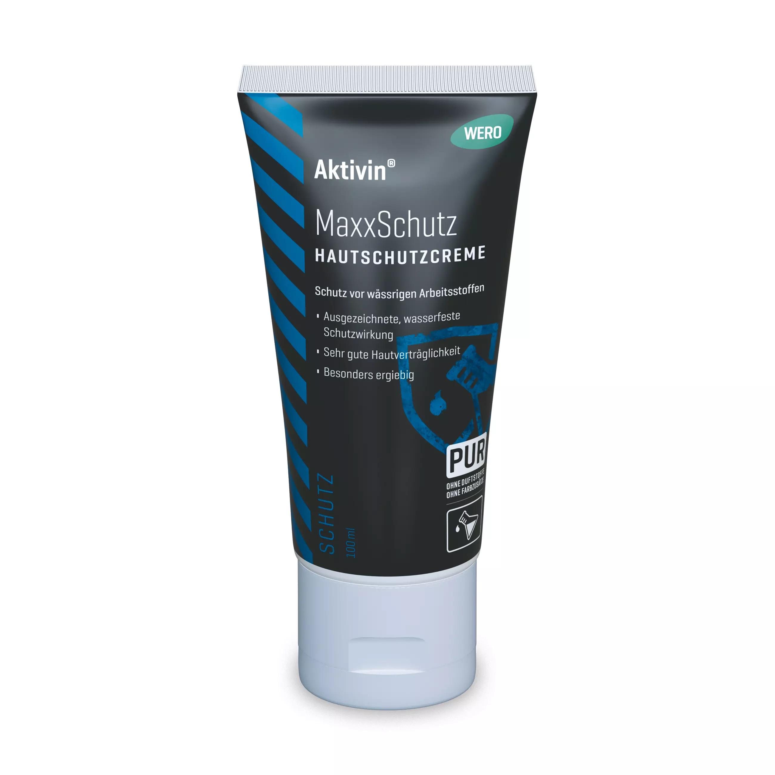 Schwarze Tube Hautschutzcreme Aktivin® MaxxSchutz, 100 ml, mit blauem Streifen, grünem WERO-Label und weißem Flip-Top-Verschluss.
