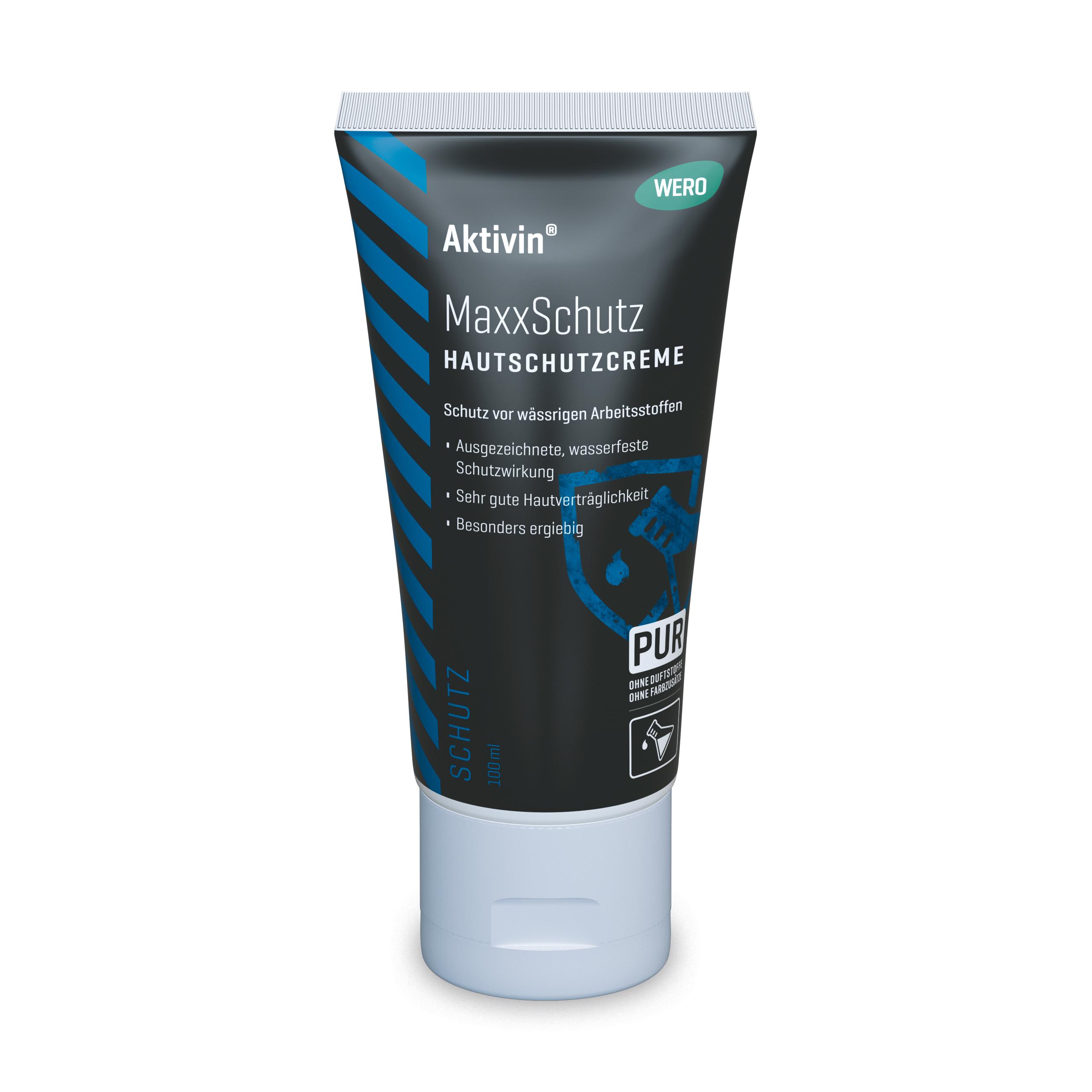 Schwarze Tube Hautschutzcreme Aktivin® MaxxSchutz, 100 ml, mit blauem Streifen, grünem WERO-Label und weißem Flip-Top-Verschluss.