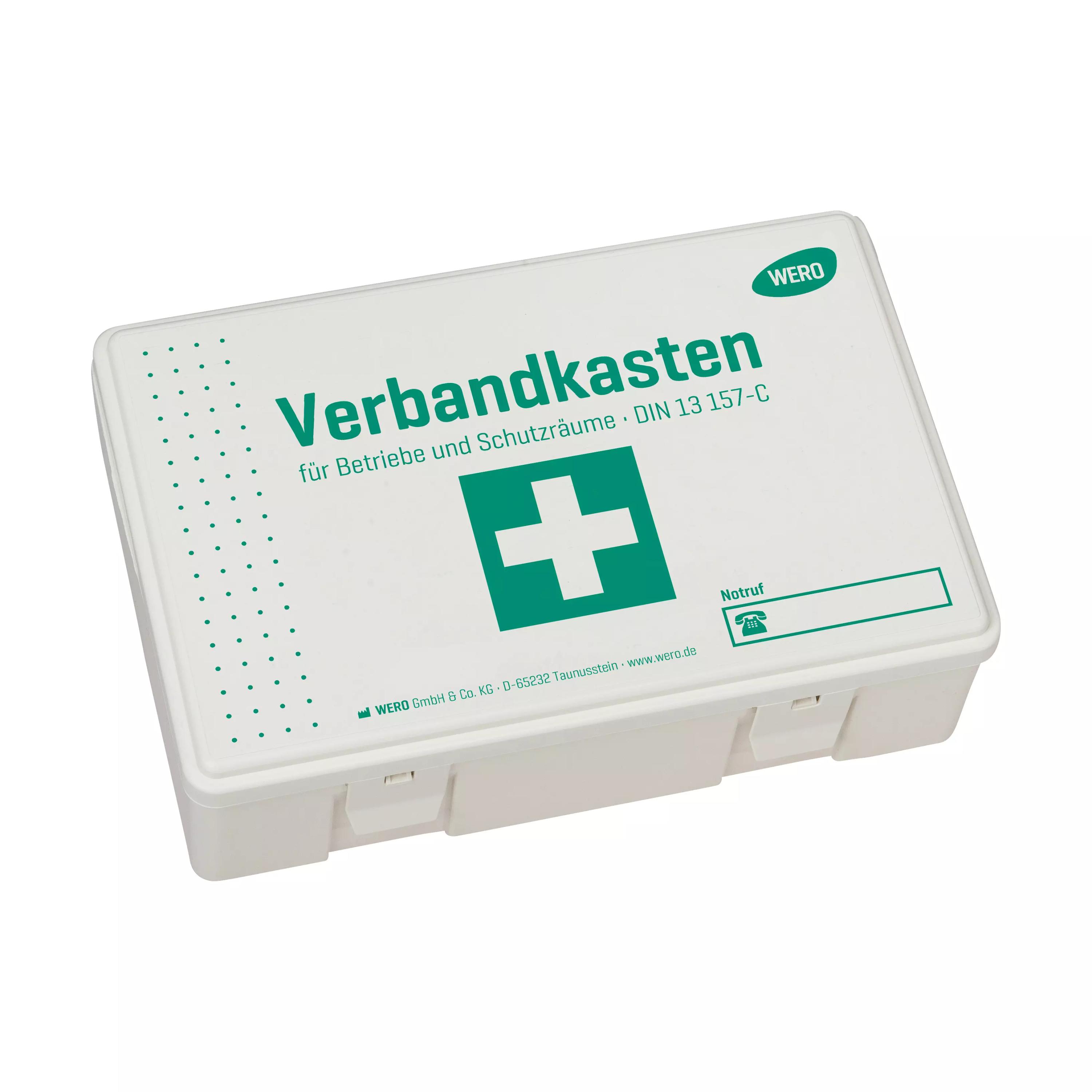 Rechteckiger WERO Verbandkasten DIN 13157-C aus Kunststoff mit grünem Kreuz, Aufschrift und Notrufhinweis, ungefüllt für Betriebe.