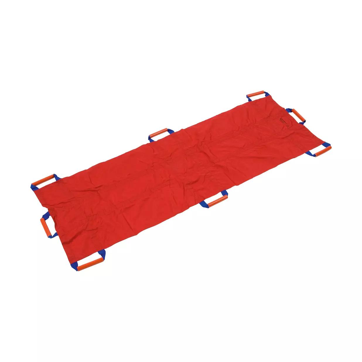 Rettungstuch gemäß DIN EN 1865 mit vier orangefarbenen Griffen aus rotem Polyester und mehreren Grifföffnungen, flach ausgebreitet.