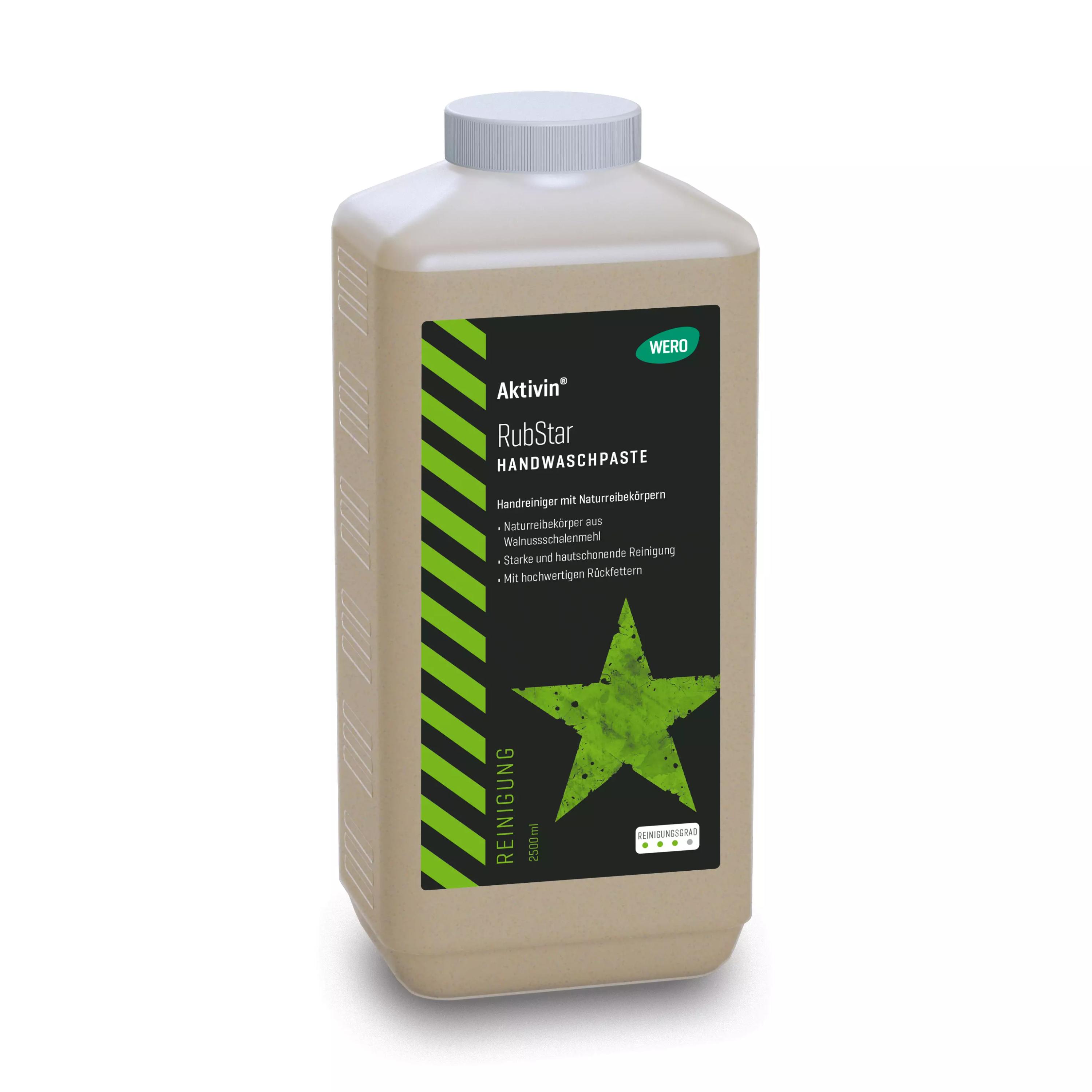 Beige Flasche Hautreinigung Aktivin® RubStar mit grün-schwarzer Etikettierung, weißem Deckel, 2.500 ml, für starke Verschmutzungen, enthält Walnussschalenmehl.