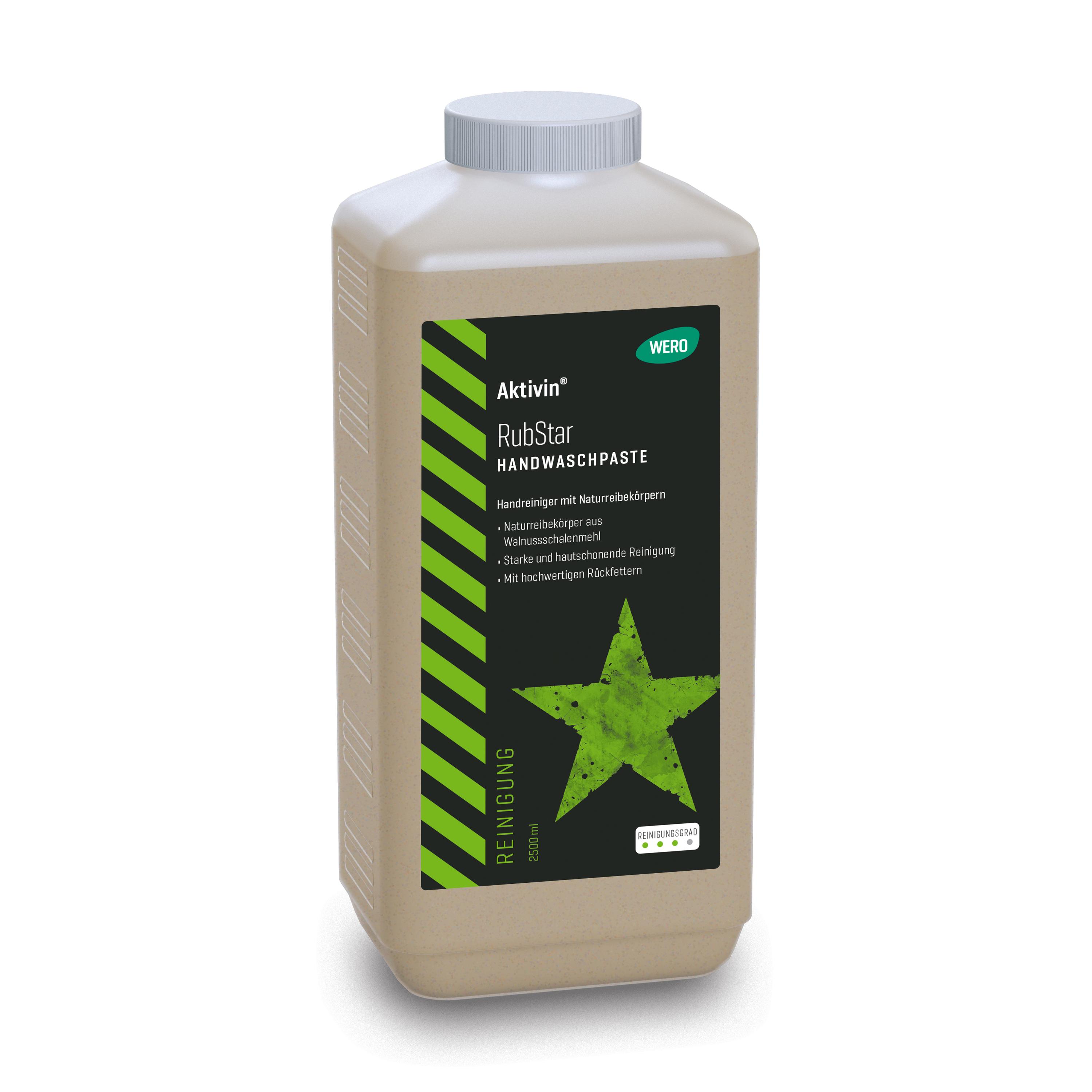 Beige Flasche Hautreinigung Aktivin® RubStar mit grün-schwarzer Etikettierung, weißem Deckel, 2.500 ml, für starke Verschmutzungen, enthält Walnussschalenmehl.