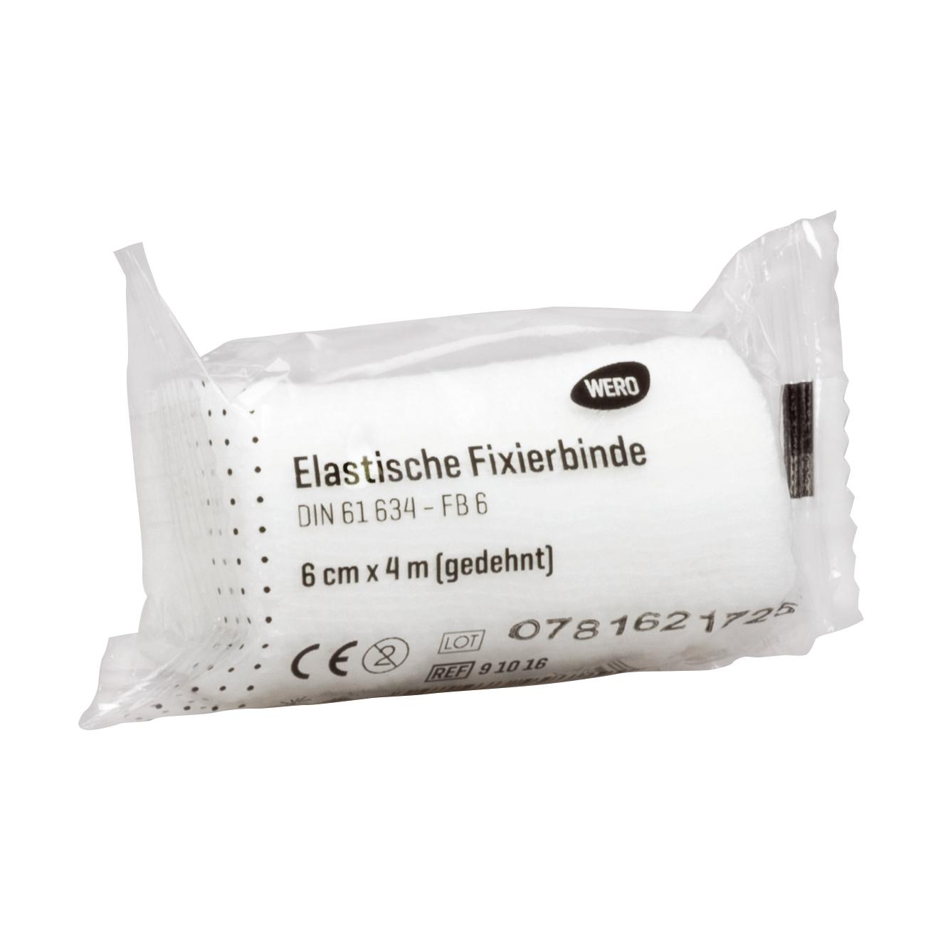 Eine transparente Verpackung enthält eine Mullbinde Elastische Fixierbinde DIN 61634 – 6 cm, zeigt die unbenutzte, luftdurchlässige und dehnbare Binde.