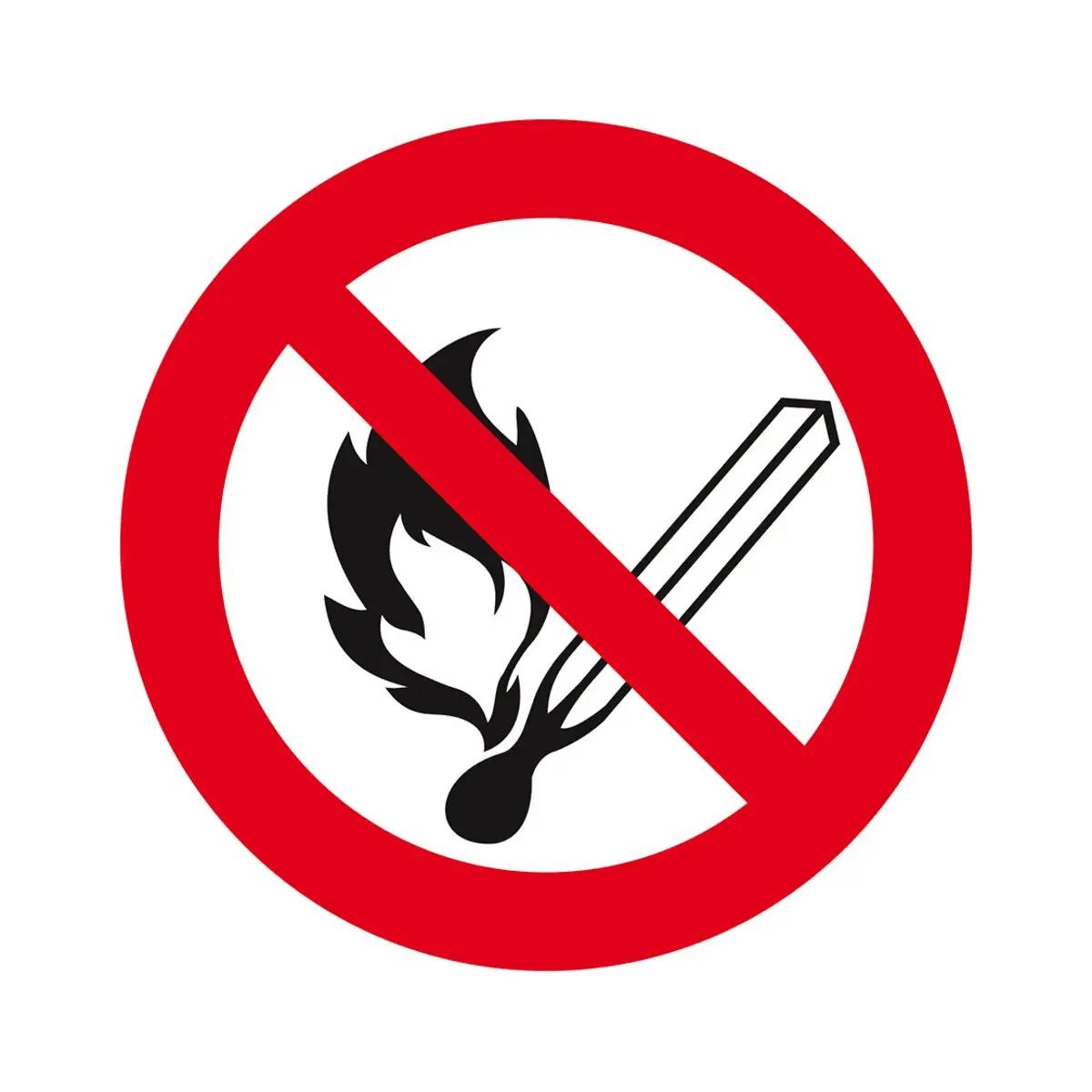 Rotes Verbotszeichen „Feuer, offenes Licht und Rauchen verboten“ mit durchgestrichener schwarzer brennender Streichholz-Silhouette.