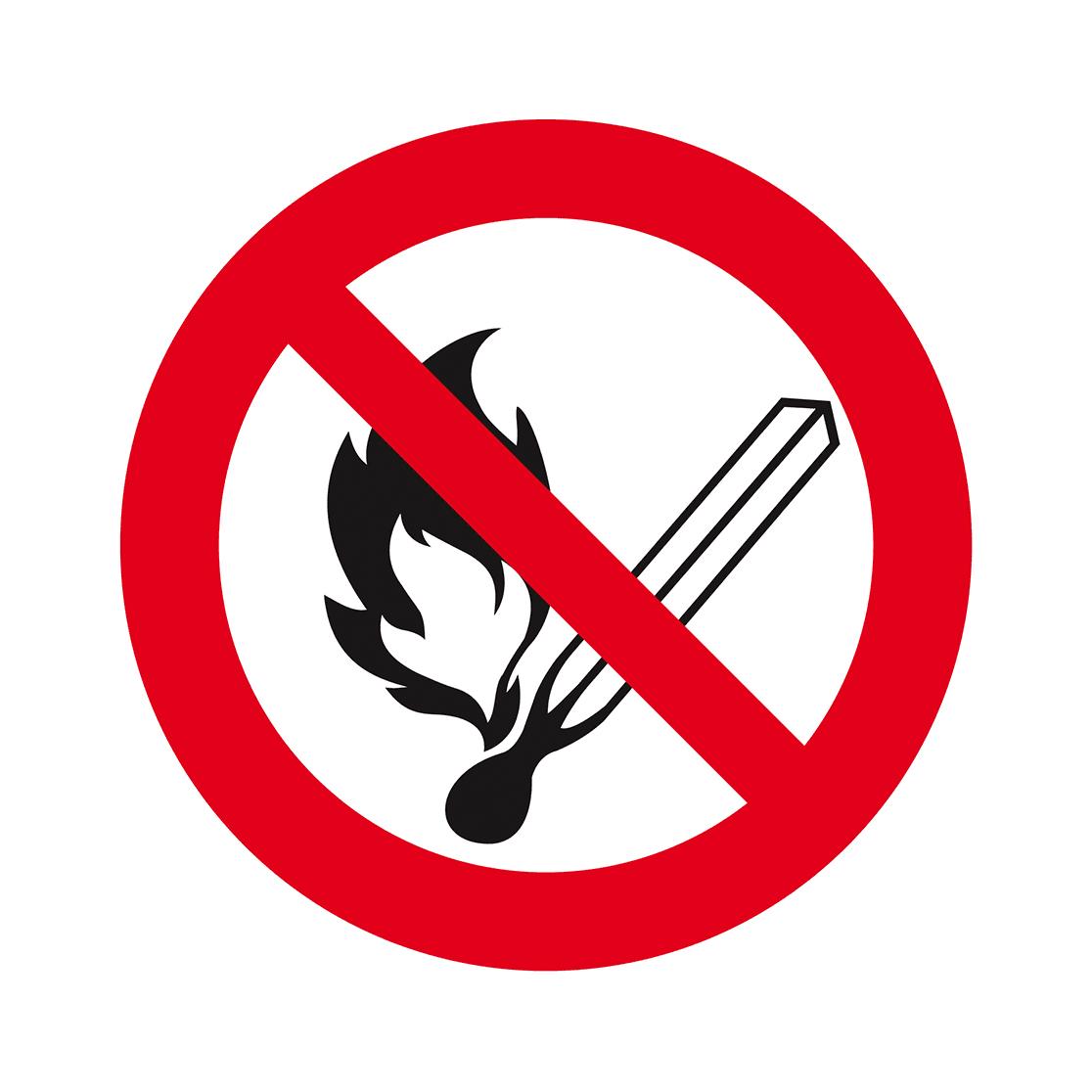 Rotes Verbotszeichen „Feuer, offenes Licht und Rauchen verboten“ mit durchgestrichener schwarzer brennender Streichholz-Silhouette.