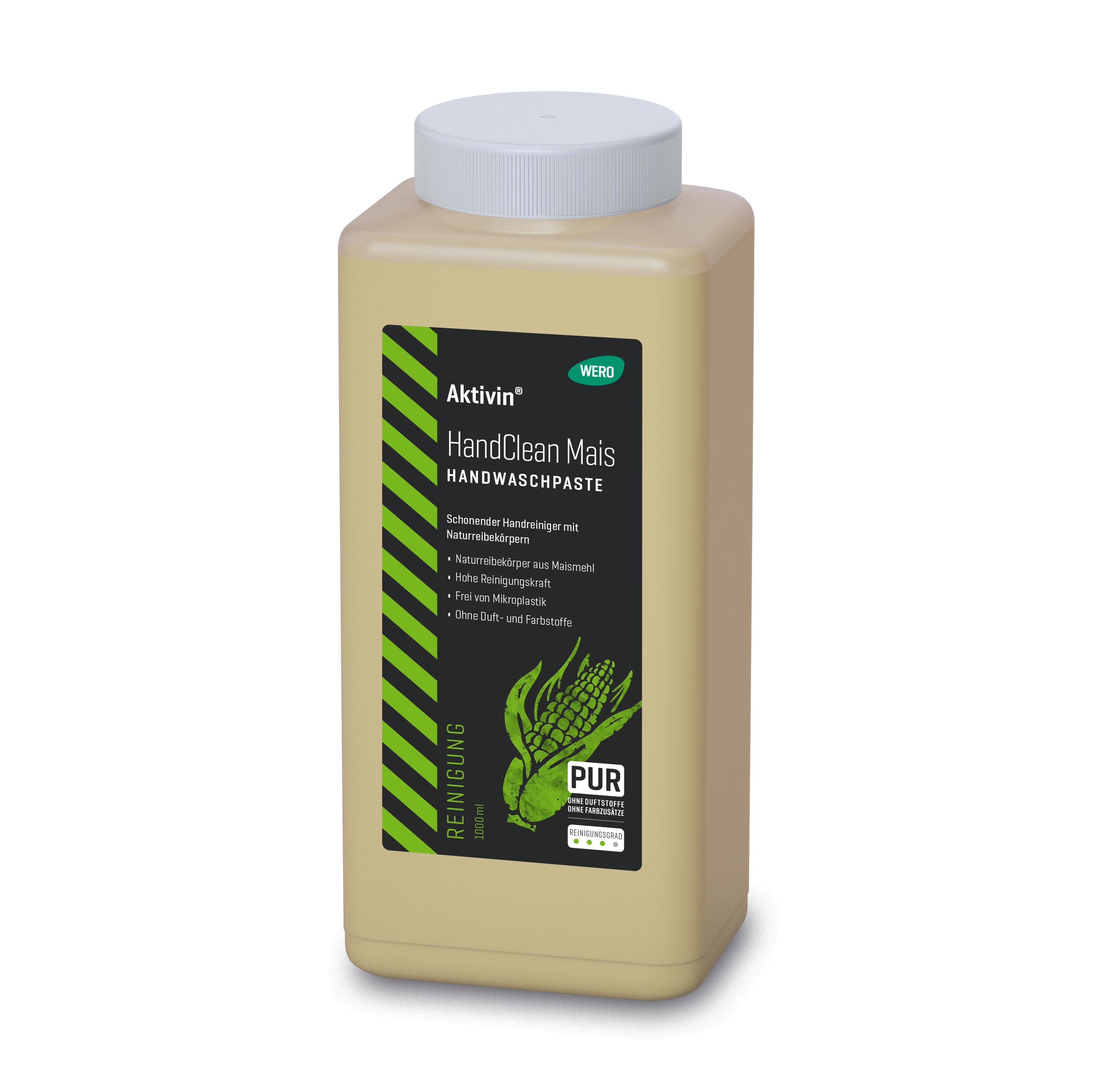 Eine beige 1000-ml-Dose Handwaschpaste Aktivin® HandClean Mais mit weißem Deckel und Etikett, das auf Naturreibekörper aus Maismehl, Verzicht auf Duft- und Farbstoffe sowie biologisch abbaubare Inhaltsstoffe hinweist.