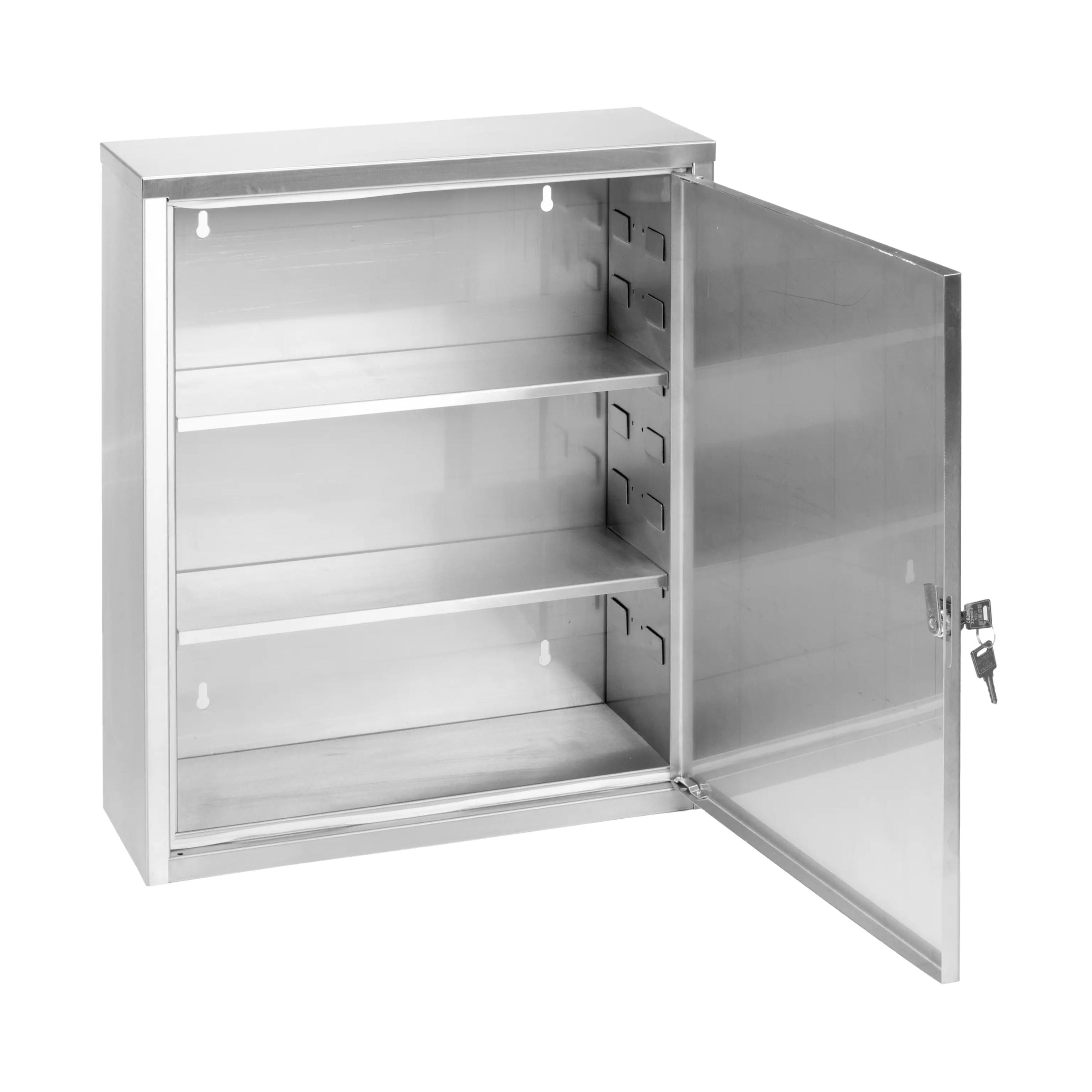 Geschlossener WERO Verbandschrank Maxi V2A 400 aus silbernem Metall, mit sichtbarer Schlüsselöffnung und drei sichtbaren verstellbaren Einlegeböden.