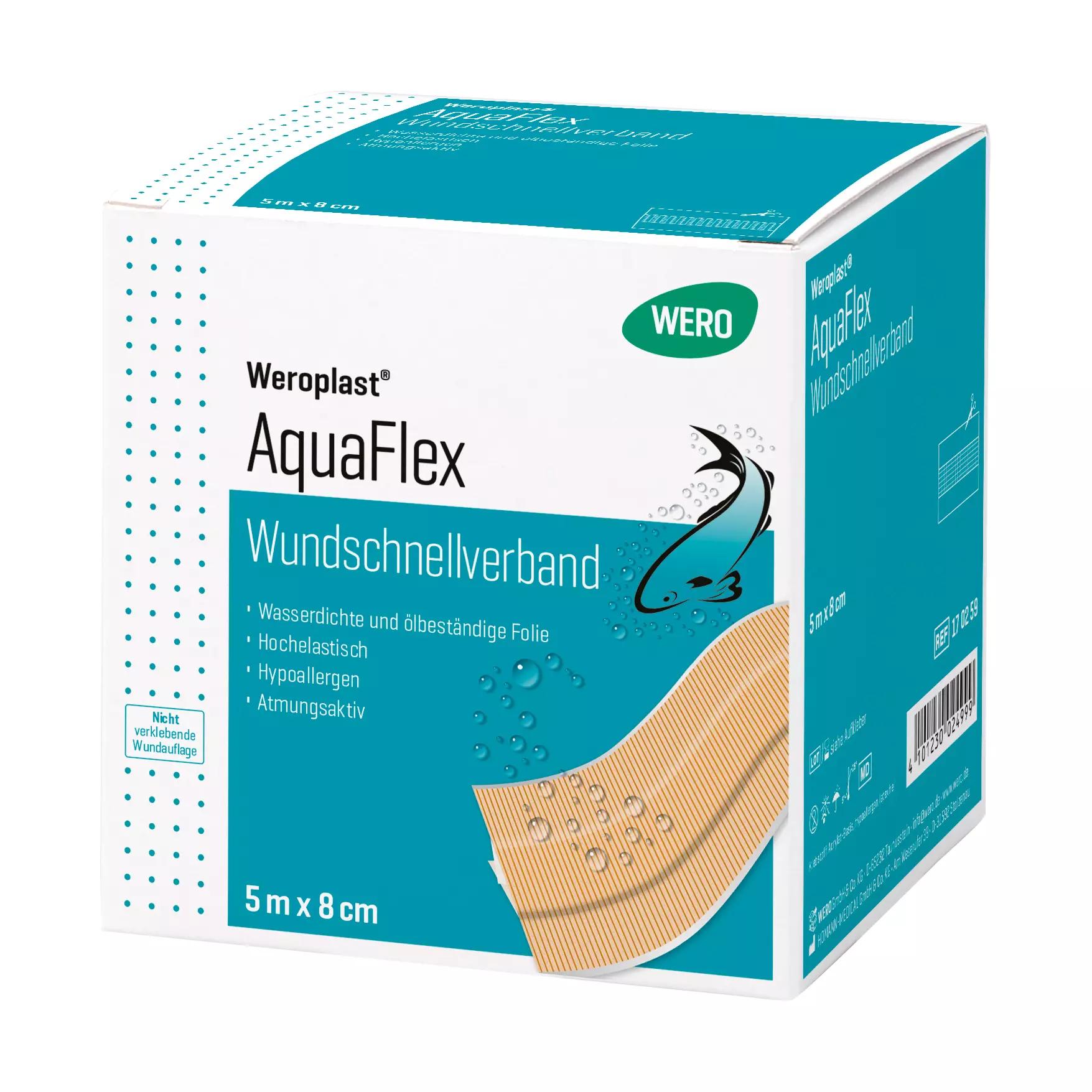 Stehende Verpackung vom Wundschnellverband Weroplast® AquaFlex, 8 cm x 5 m, mit Hinweis auf Wasserdichtigkeit, Superelastizität und Flexibilität.