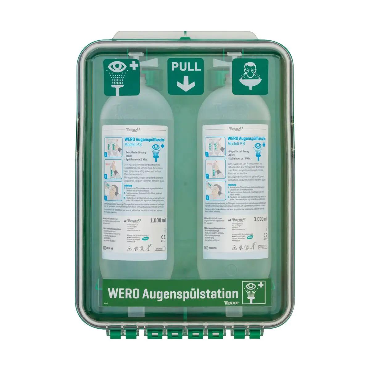 WERO Augenspülstation mit 2 Augenspülflaschen P 8 in grünem Kunststoffgehäuse, mit Griff, Schubladen und Sicherheitsbeschriftung.
