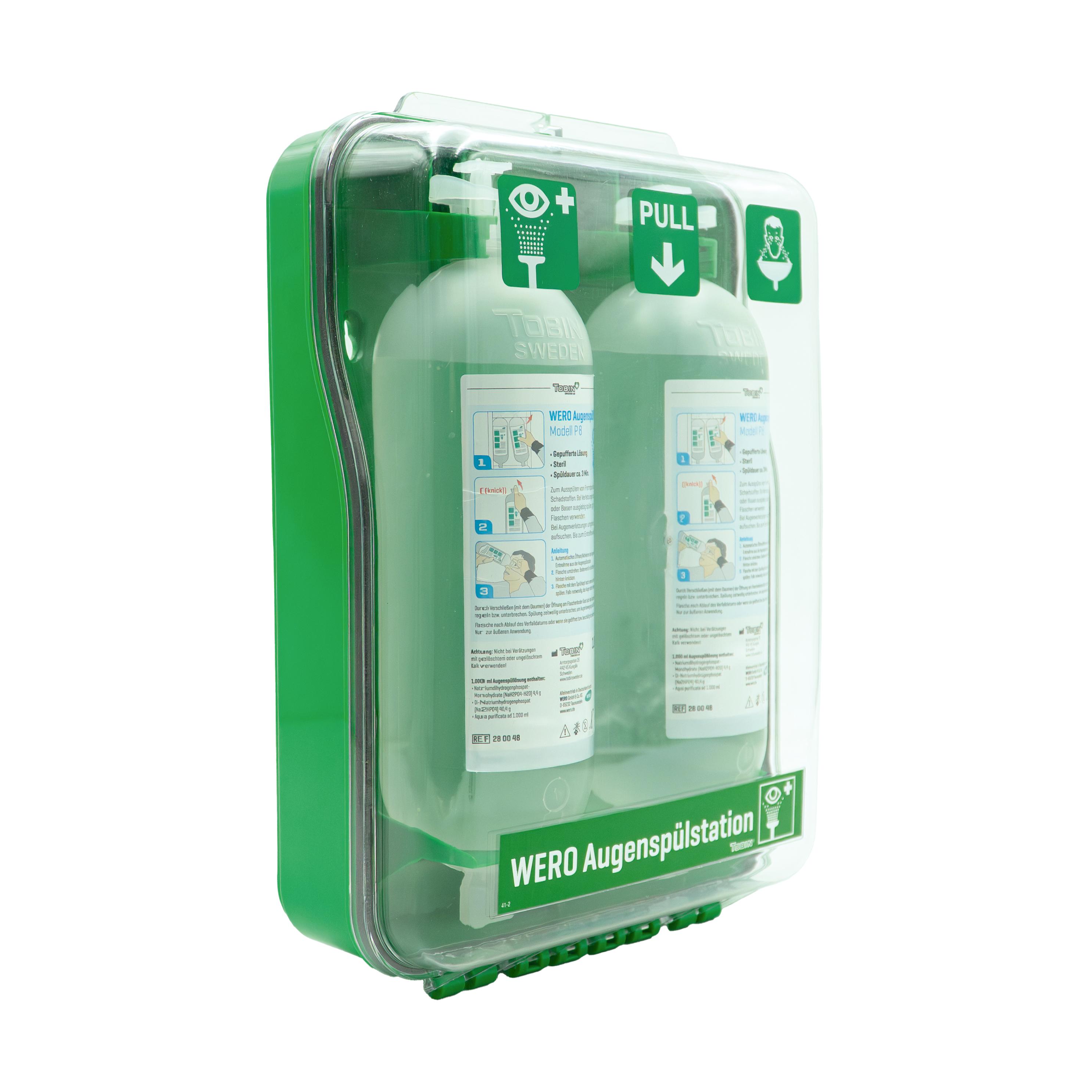 WERO Augenspülstation mit 2 Augenspülflaschen P 8 in grünem Kunststoffgehäuse, mit Griff, Schubladen und Sicherheitsbeschriftung.