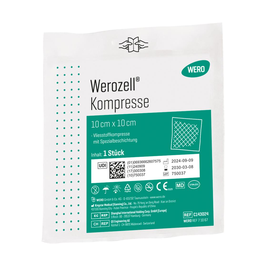Werozell® Kompresse, steril - 1 Stk in rechteckiger, versiegelter Kunststoffpackung mit grünem Etikett, sterile Vlieskompresse, beschichtet.