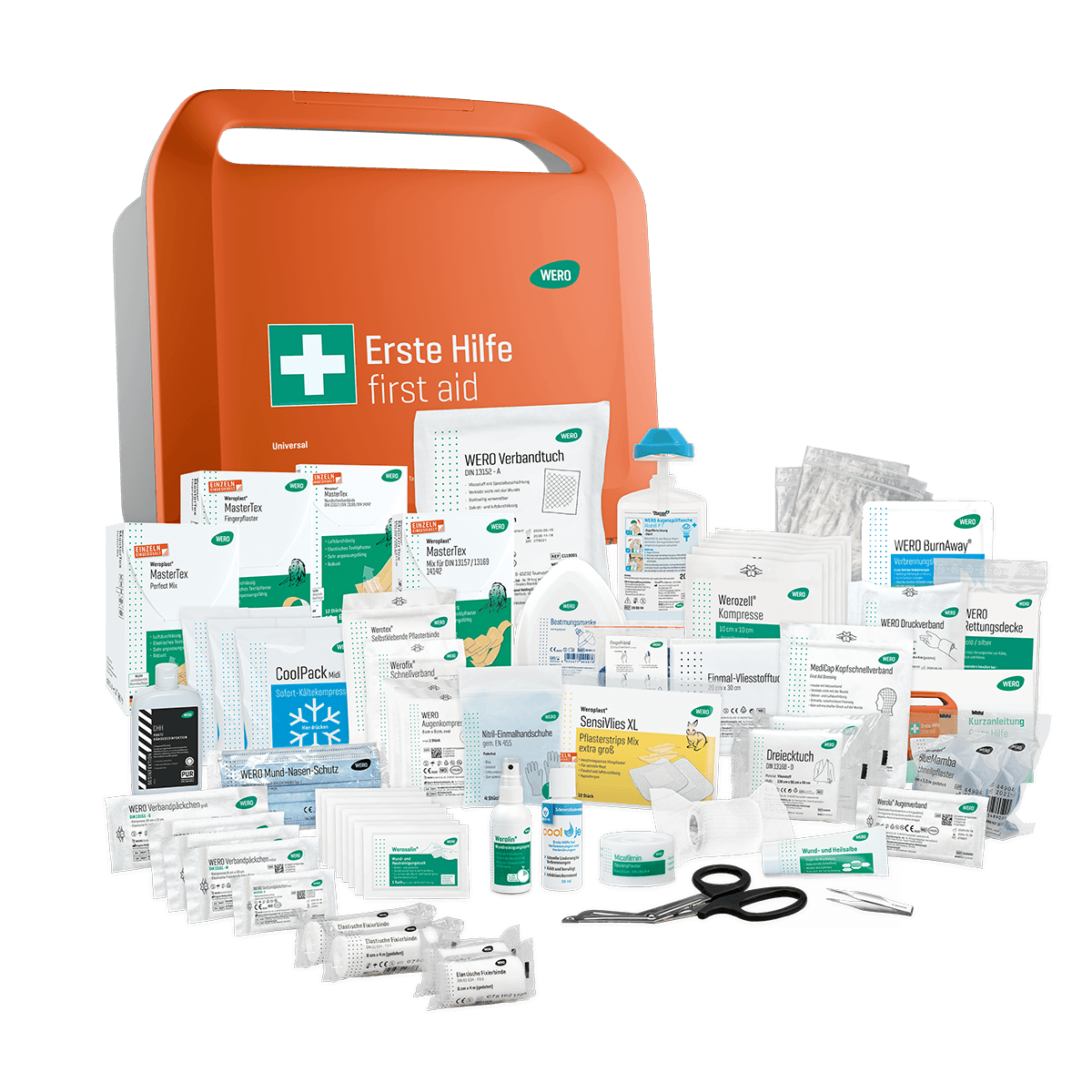 Verschiedene Verbandmaterialien, Antiseptika und Sprays liegen sortiert neben dem orangefarbenen WERO Smart Case® Erste-Hilfe-Koffer DIN 13157 - Universal.