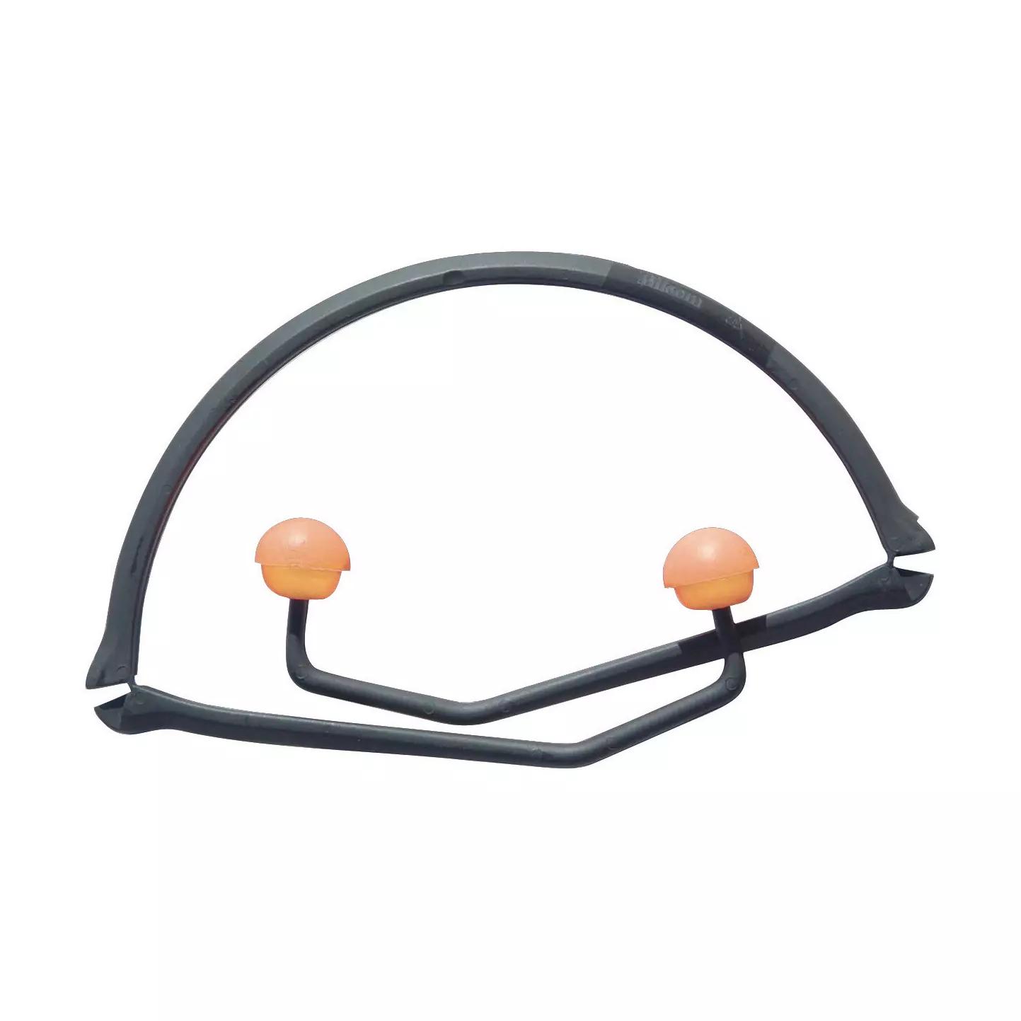 PerCap Bügelgehörschützer mit schwarzem, ergonomisch geformtem Bügel und zwei flexiblen, orangefarbenen Ohrstöpseln auf weißem Untergrund