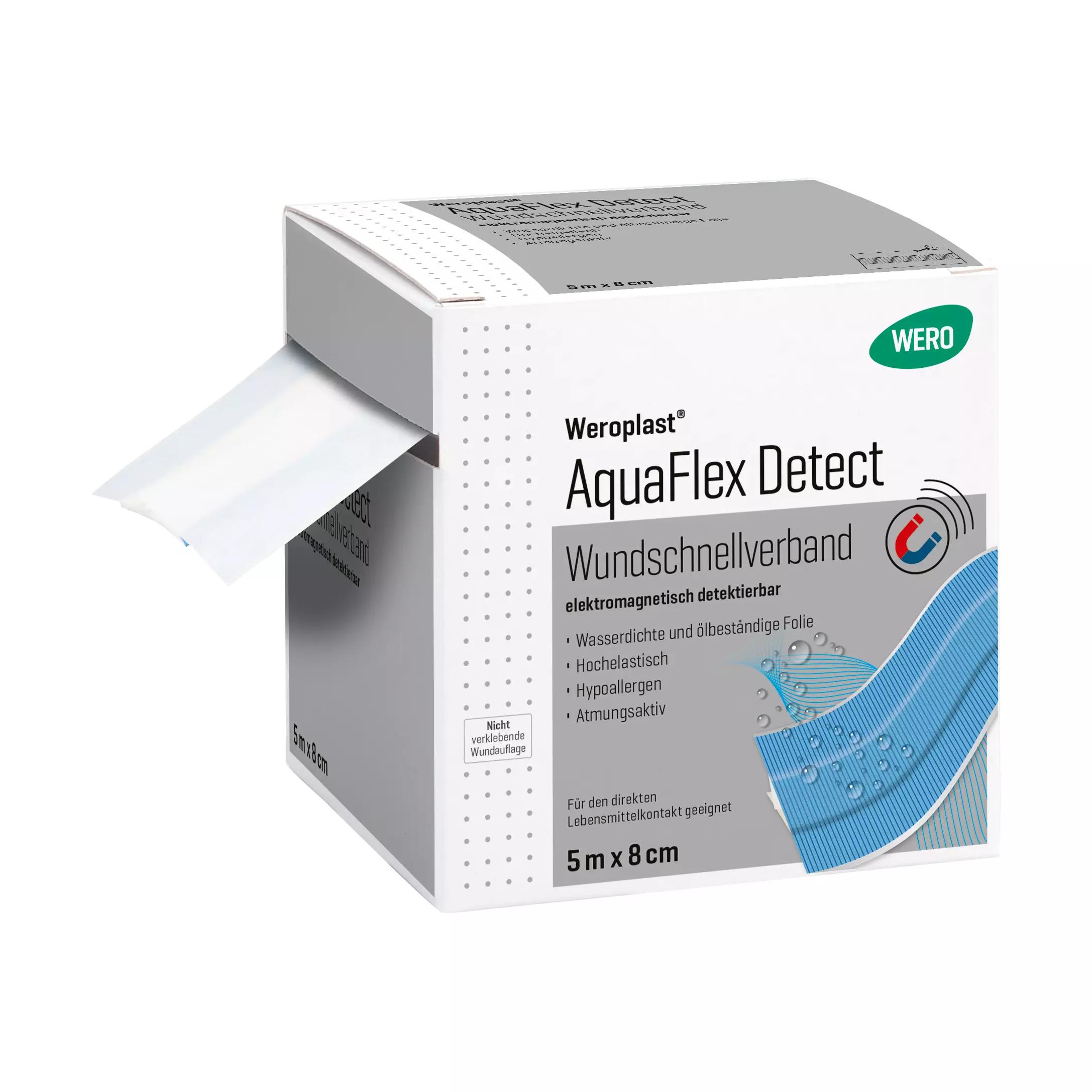 Eine aufrechte Verpackung des Weroplast® AquaFlex Detect Wundschnellverband - 8 cm, 5 m mit sichtbarer blauer, wasserdichter, detektierbarer Tape-Rolle.