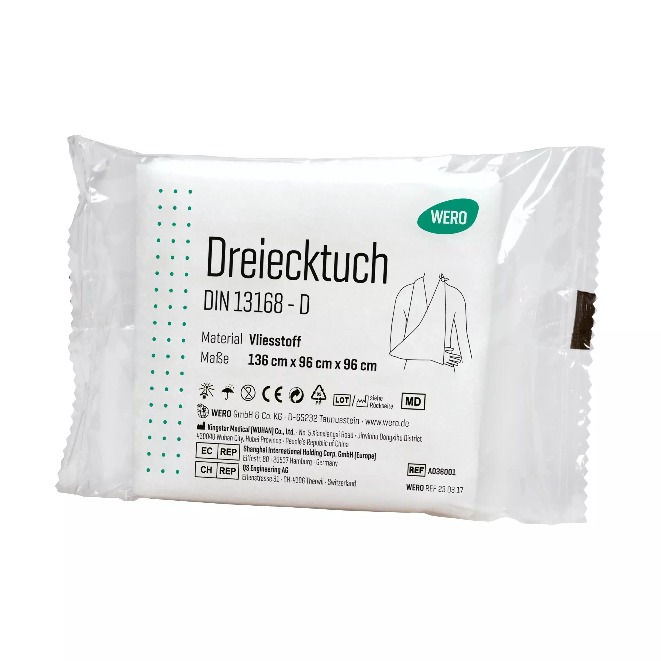 Ein originalverpacktes Dreieckstuch (Armtragetuch) DIN 13168-D aus weichem Vliesstoff mit CE-Zertifizierung liegt seitlich, Verpackung mit Sling-Illustration.