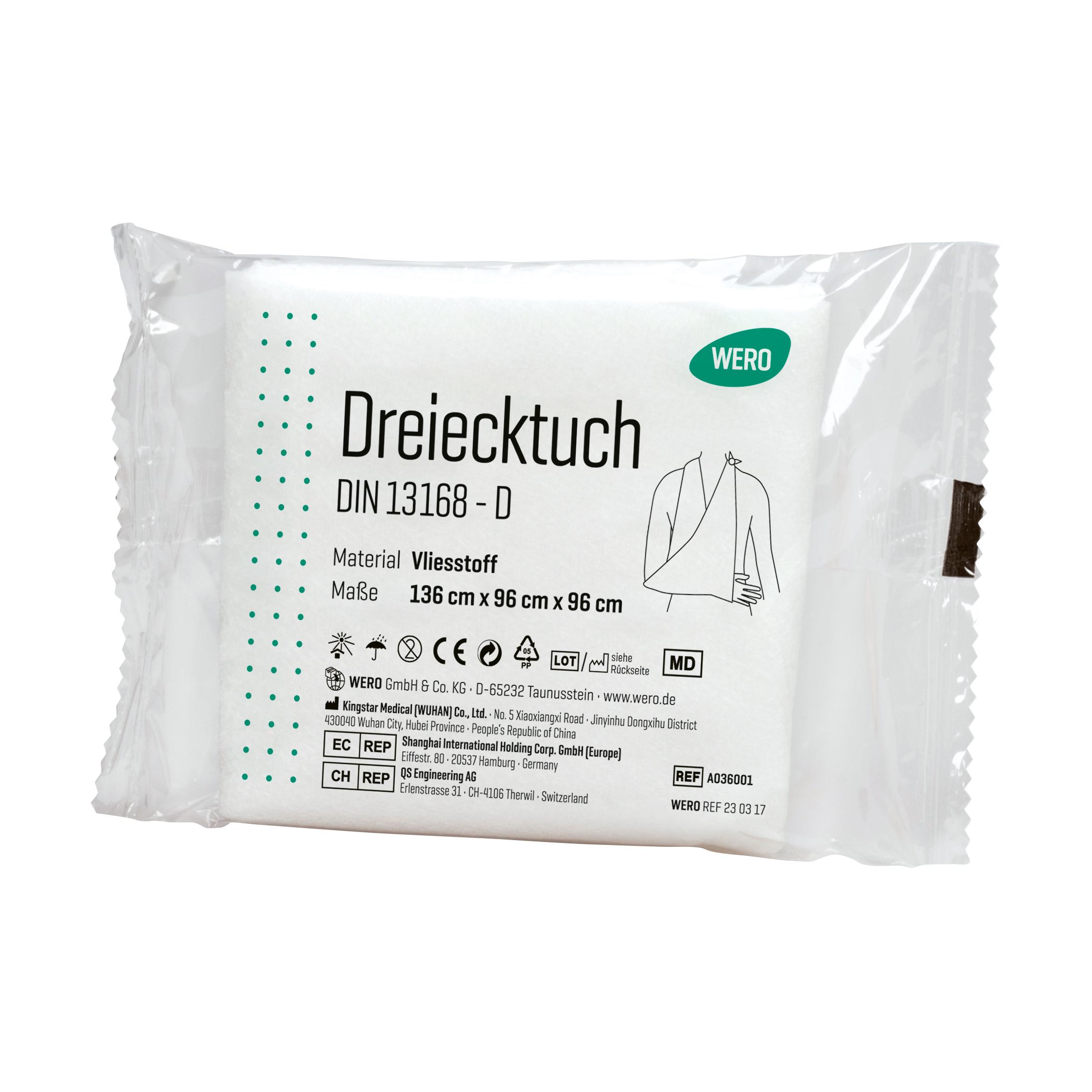 Ein originalverpacktes Dreieckstuch (Armtragetuch) DIN 13168-D aus weichem Vliesstoff mit CE-Zertifizierung liegt seitlich, Verpackung mit Sling-Illustration.