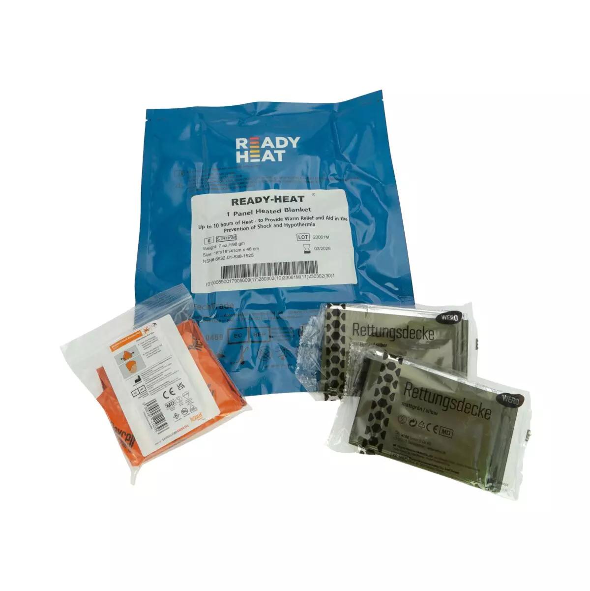 Großes blaues Paket WERO MED-X® Hypothermie Bundle - Advanced mit Ready-Heat™ 1-Element-Decke, zwei Rettungsdecken und Blizzard Beanie Mütze, flankiert von Einzelverpackungen.
